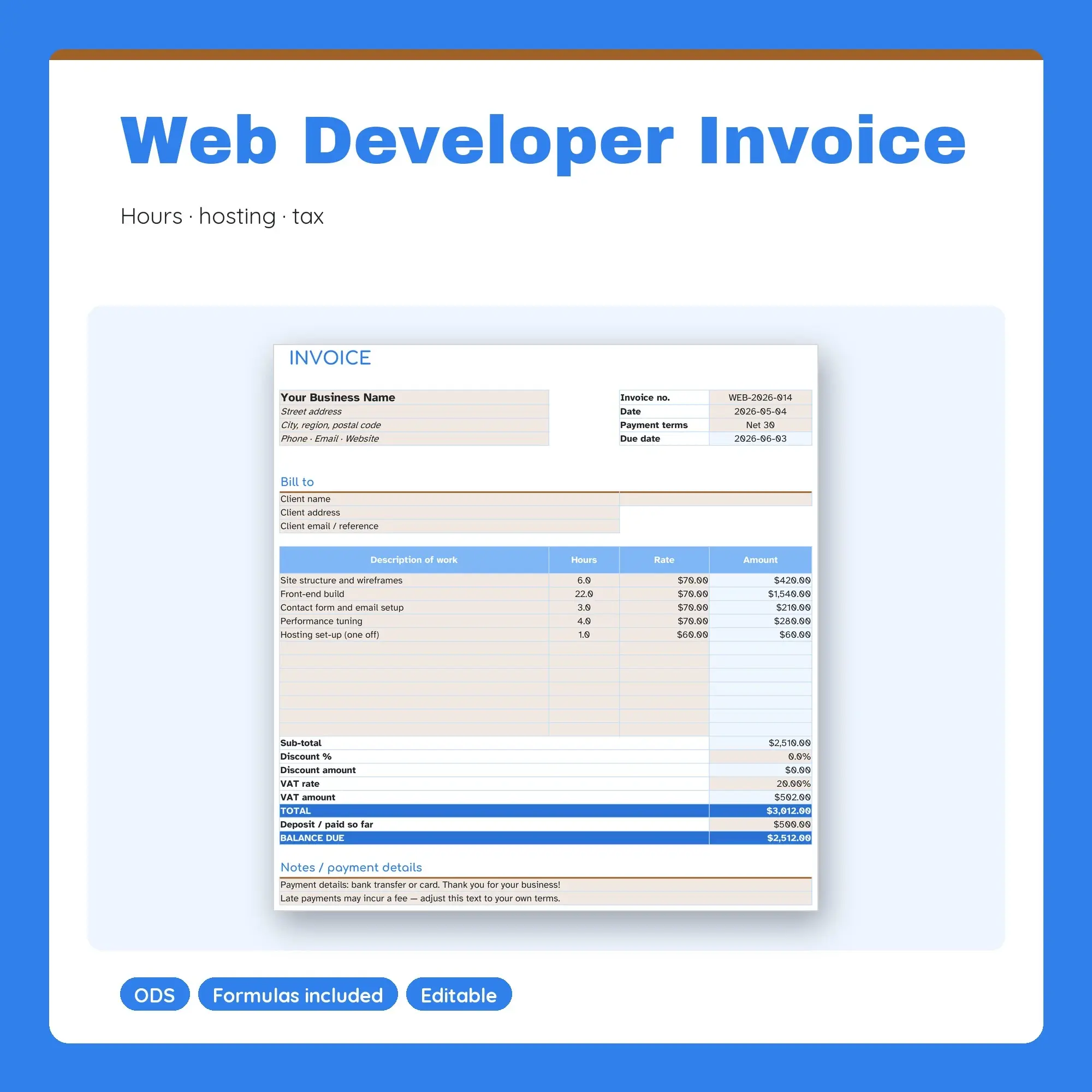 Web Developer Invoice Template Spreadsheet, Hourly and Fixed Items (ODS) preview