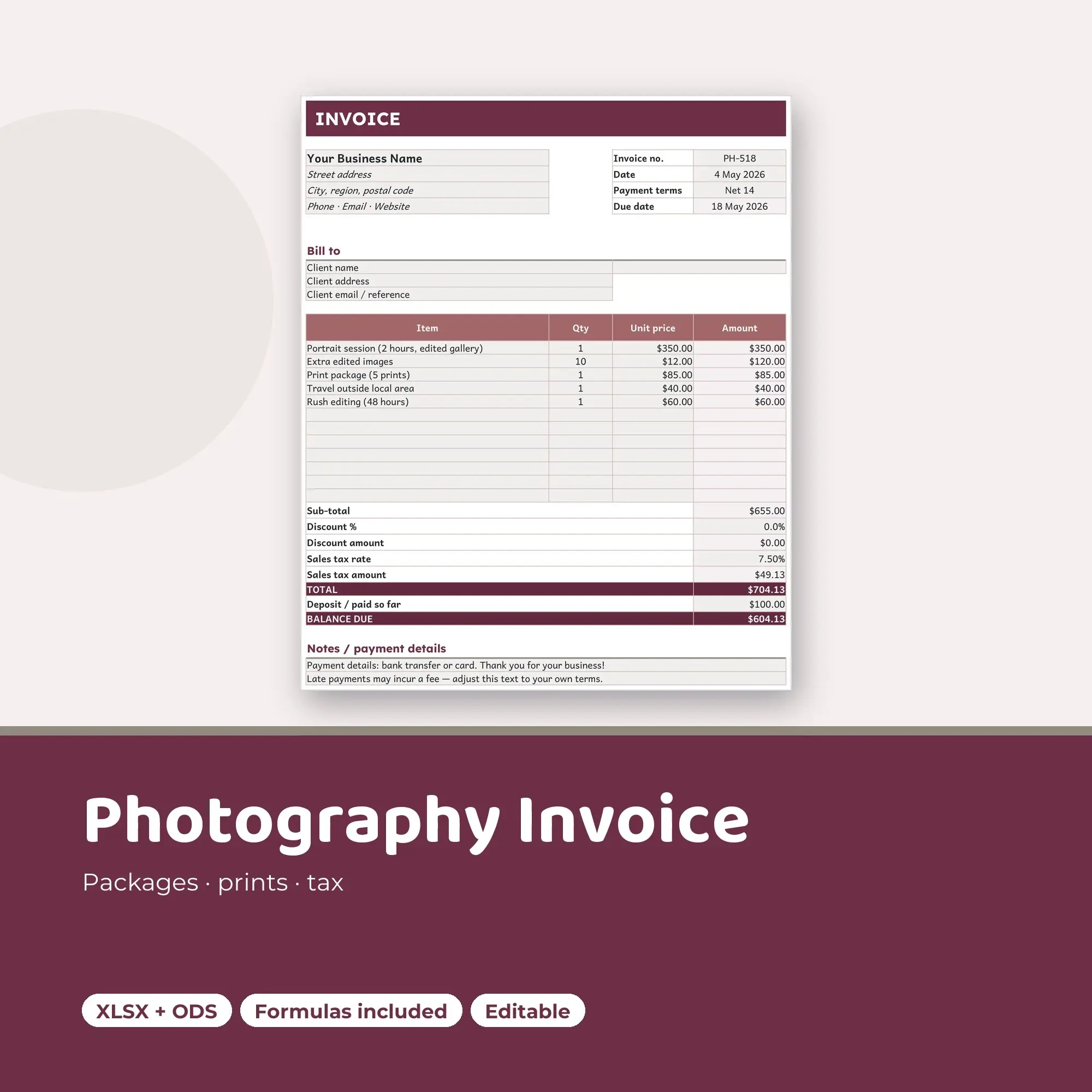 Photography Invoice Template Spreadsheet, Packages and Add-Ons (XLSX + ODS) preview