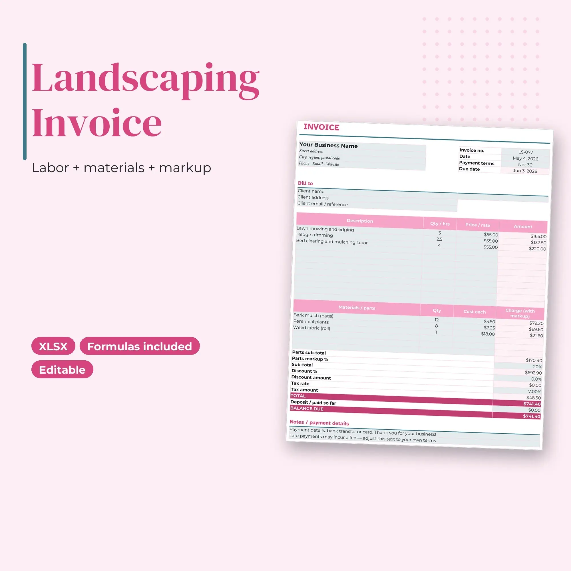 Landscaping Invoice Template Spreadsheet with Labor and Materials (XLSX) preview