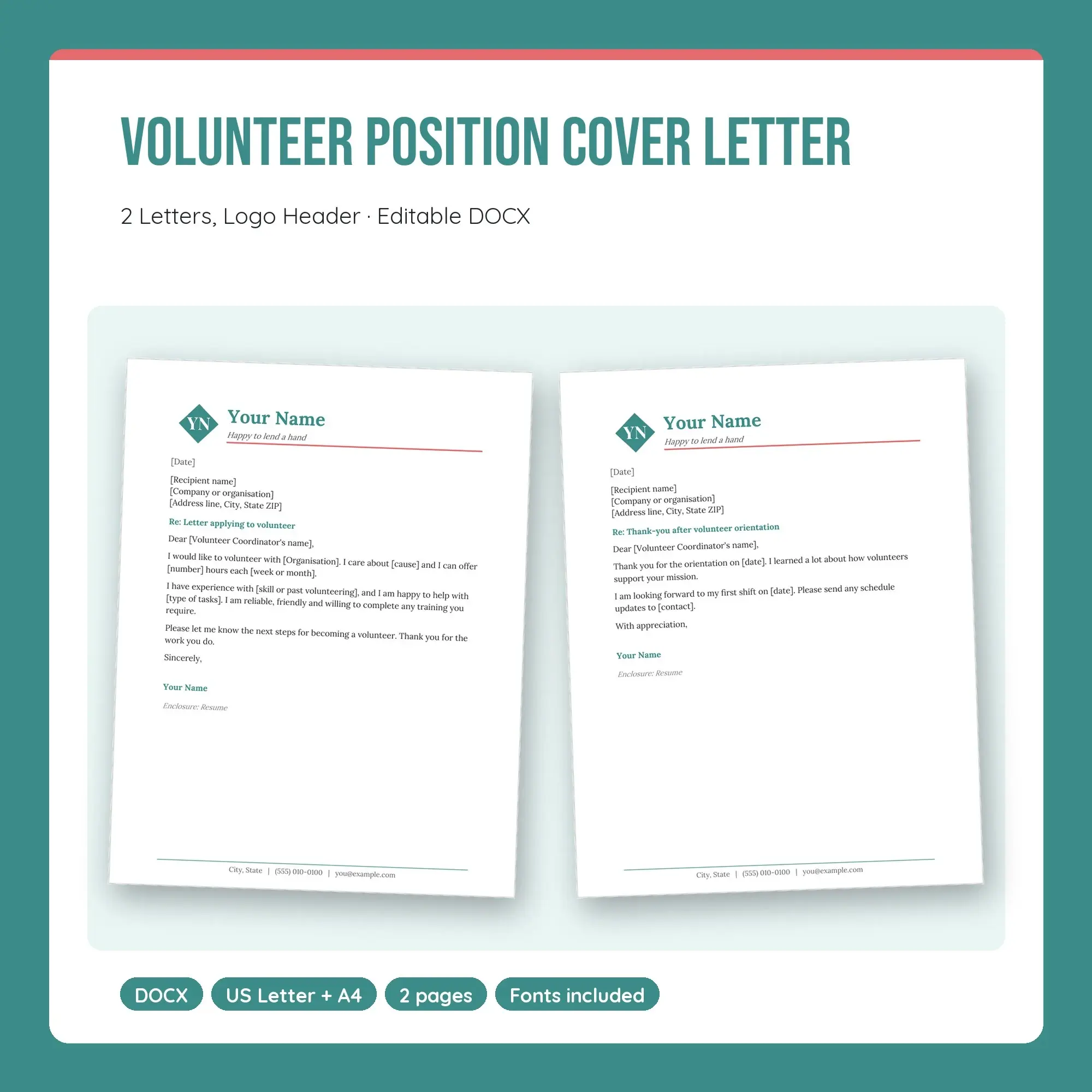 Volunteer Position Cover Letter Template, 2 Letters, Logo Header (DOCX) preview