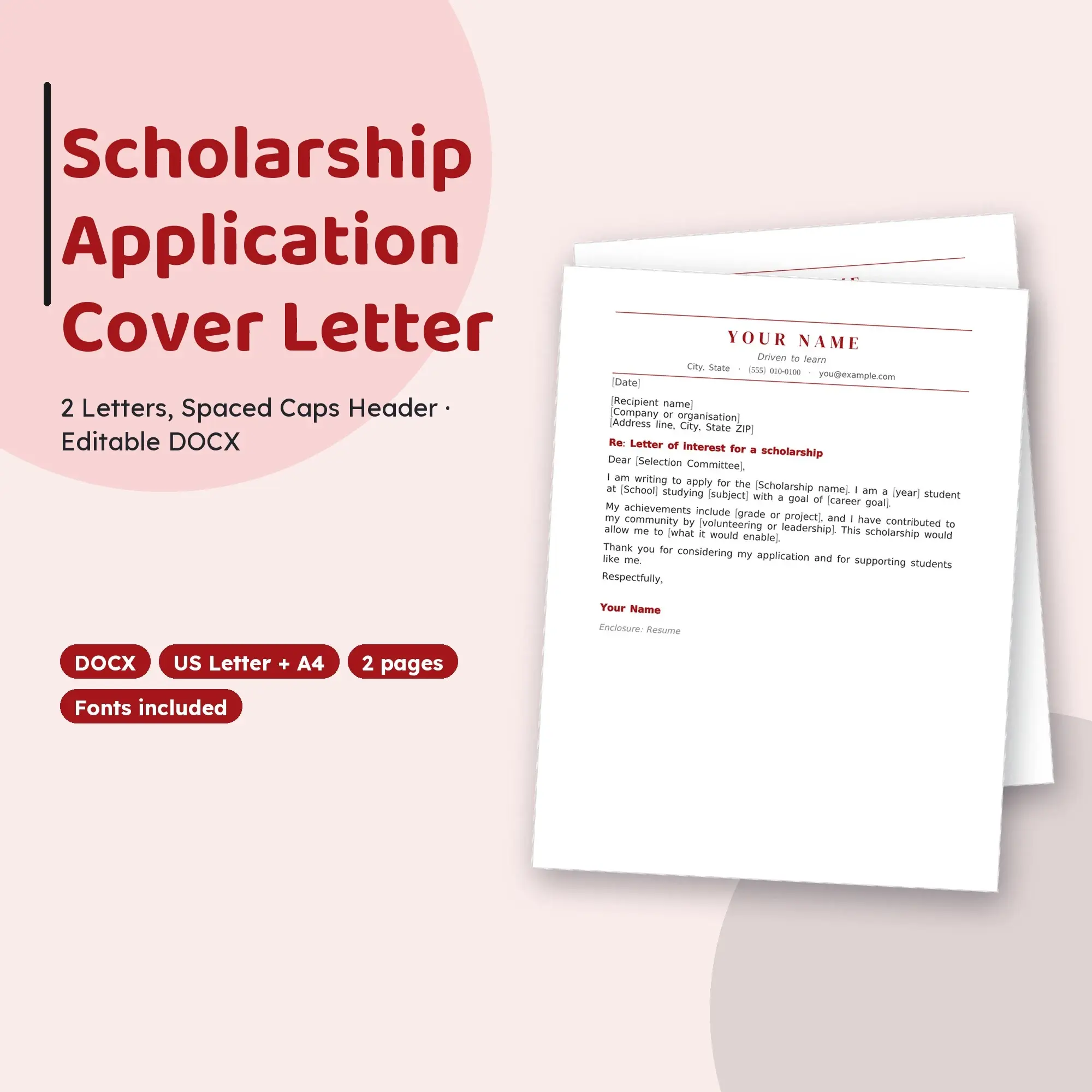 Scholarship Application Cover Letter Template, 2 Letters, Spaced Caps Header (DOCX) preview