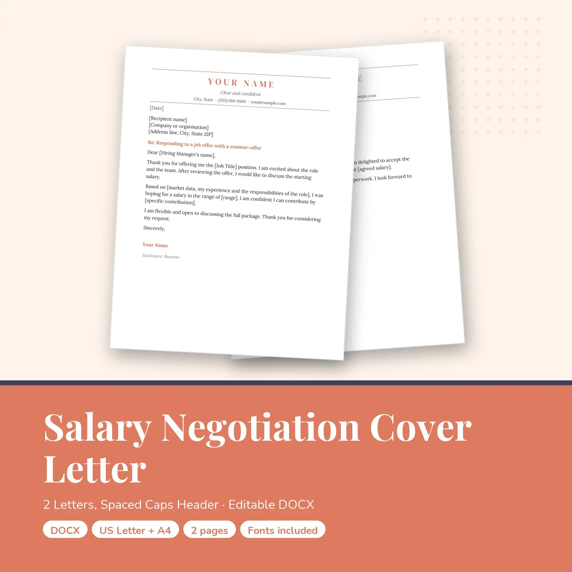 Salary Negotiation Cover Letter Template, 2 Letters, Spaced Caps Header (DOCX) preview