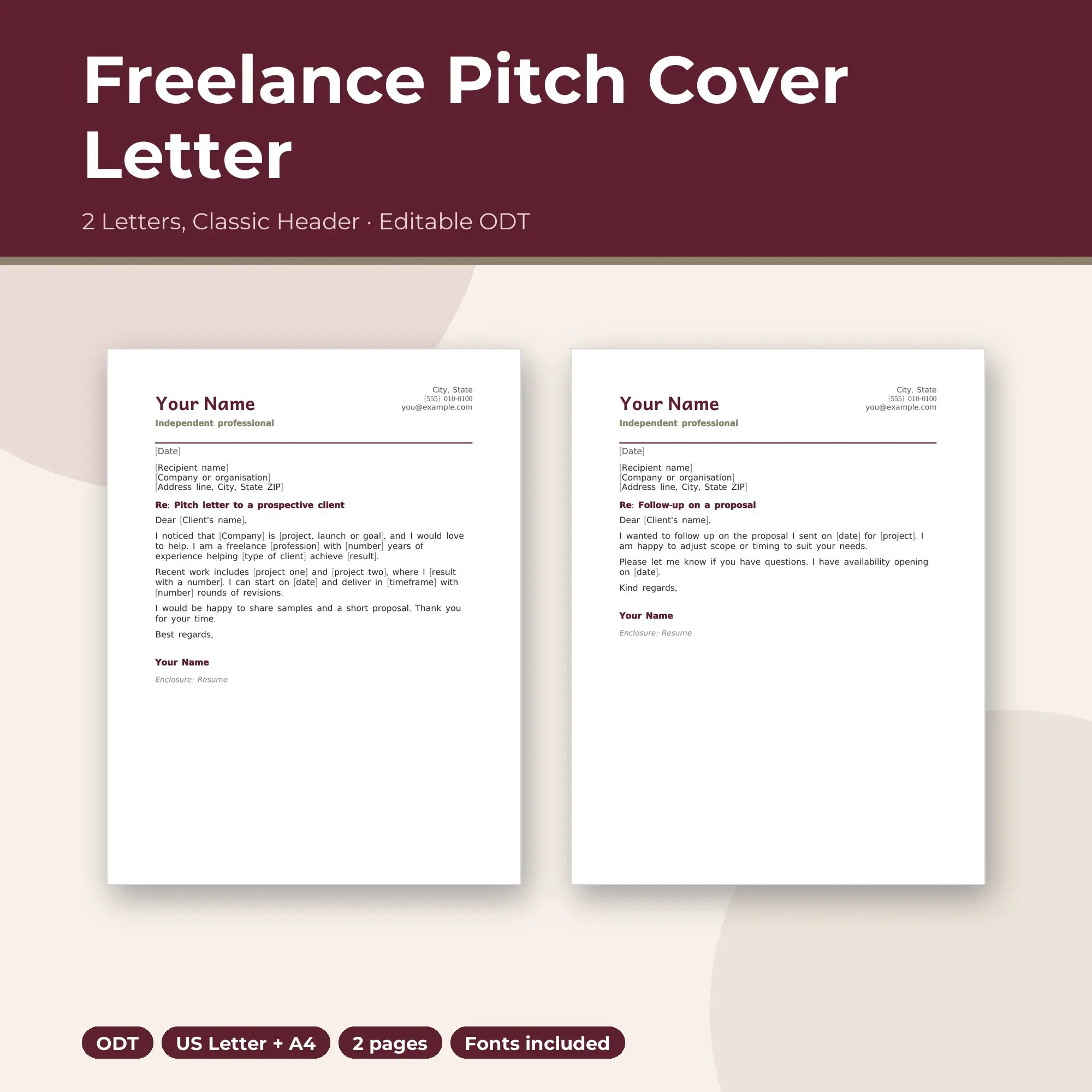 Freelance Pitch Cover Letter Template, 2 Letters, Classic Header (ODT) preview