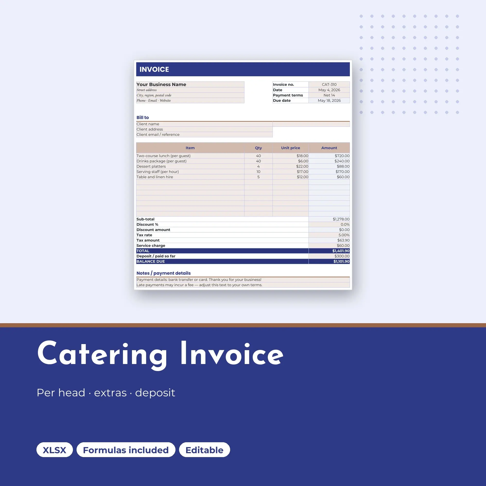 Catering Invoice Template Spreadsheet, Per-Head Pricing and Extras (XLSX) preview