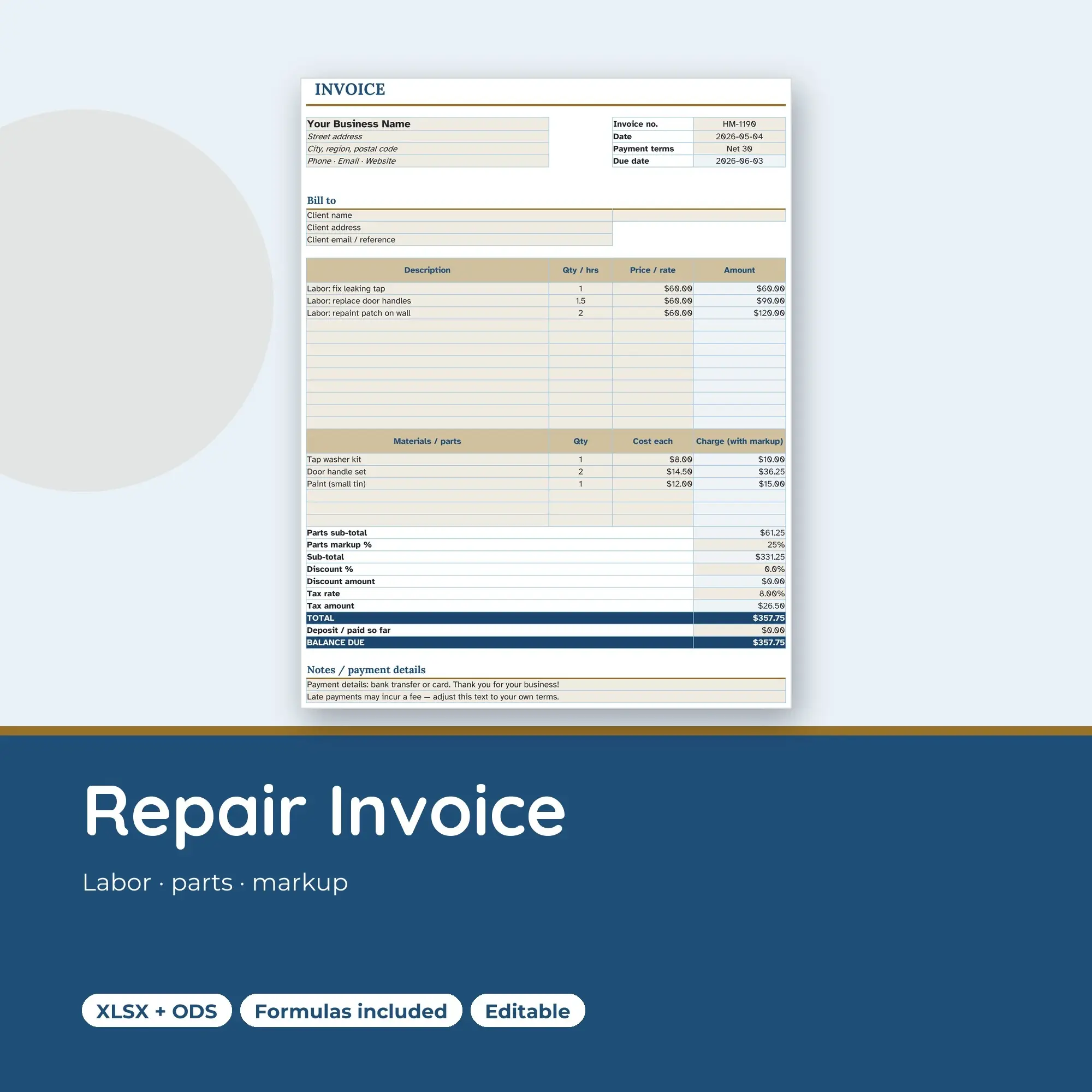 Handyman Repair Invoice Template Spreadsheet, Labor and Parts (XLSX + ODS) preview