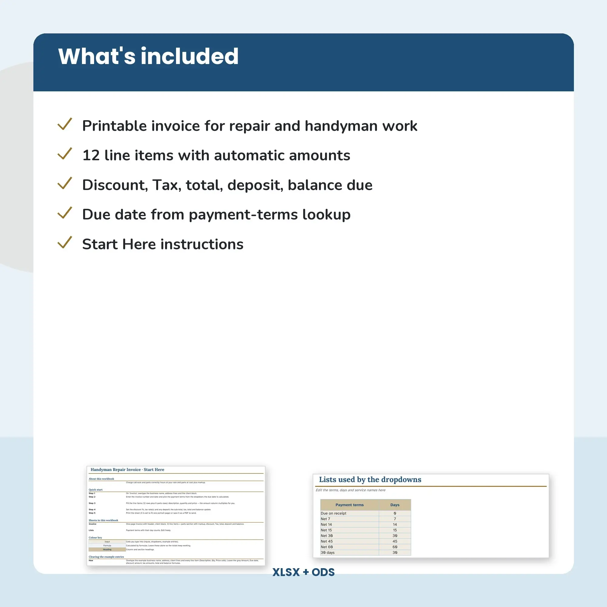 Handyman Repair Invoice Template Spreadsheet, Labor and Parts (XLSX + ODS), preview 2 of 2