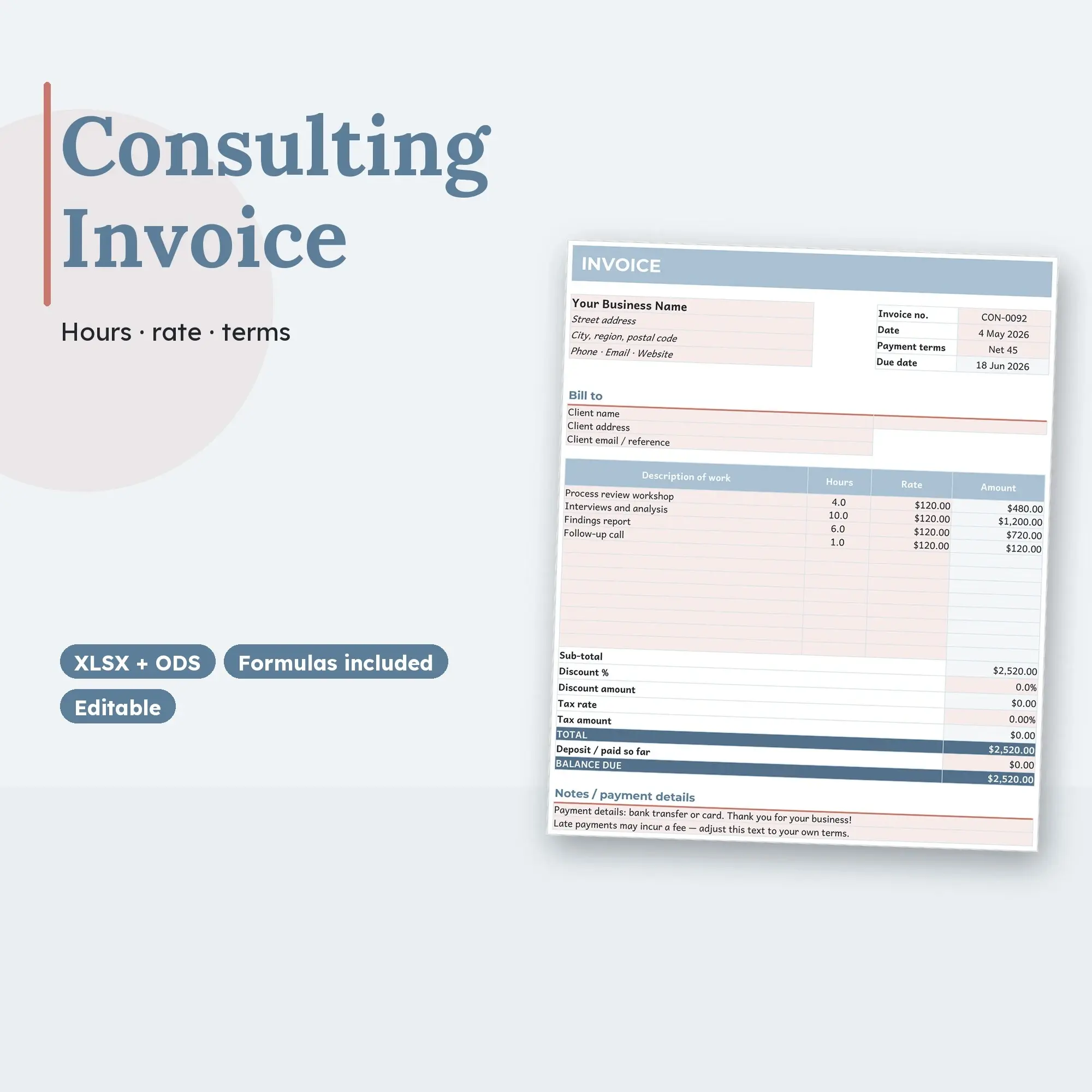 Consulting Invoice Template Spreadsheet, Hourly Billing with Terms (XLSX + ODS) preview