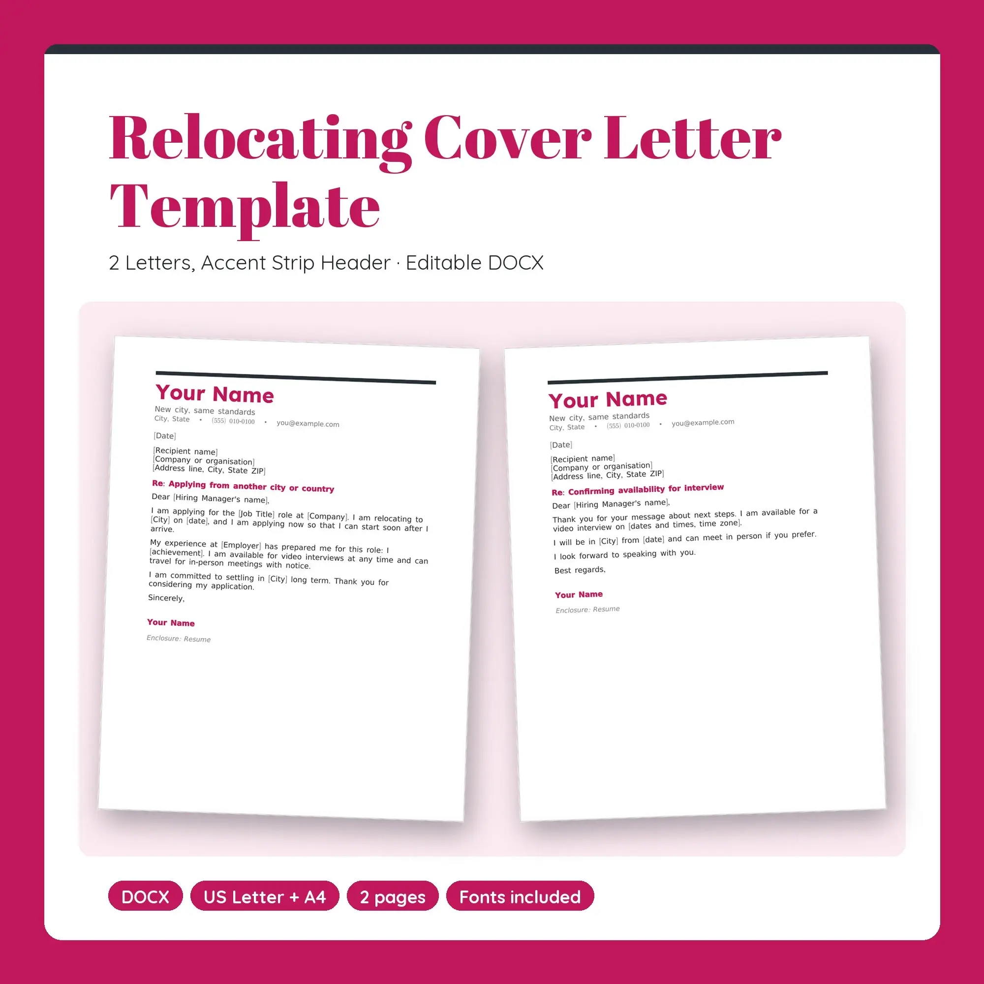 Relocating Cover Letter Template, 2 Letters, Accent Strip Header (DOCX) preview