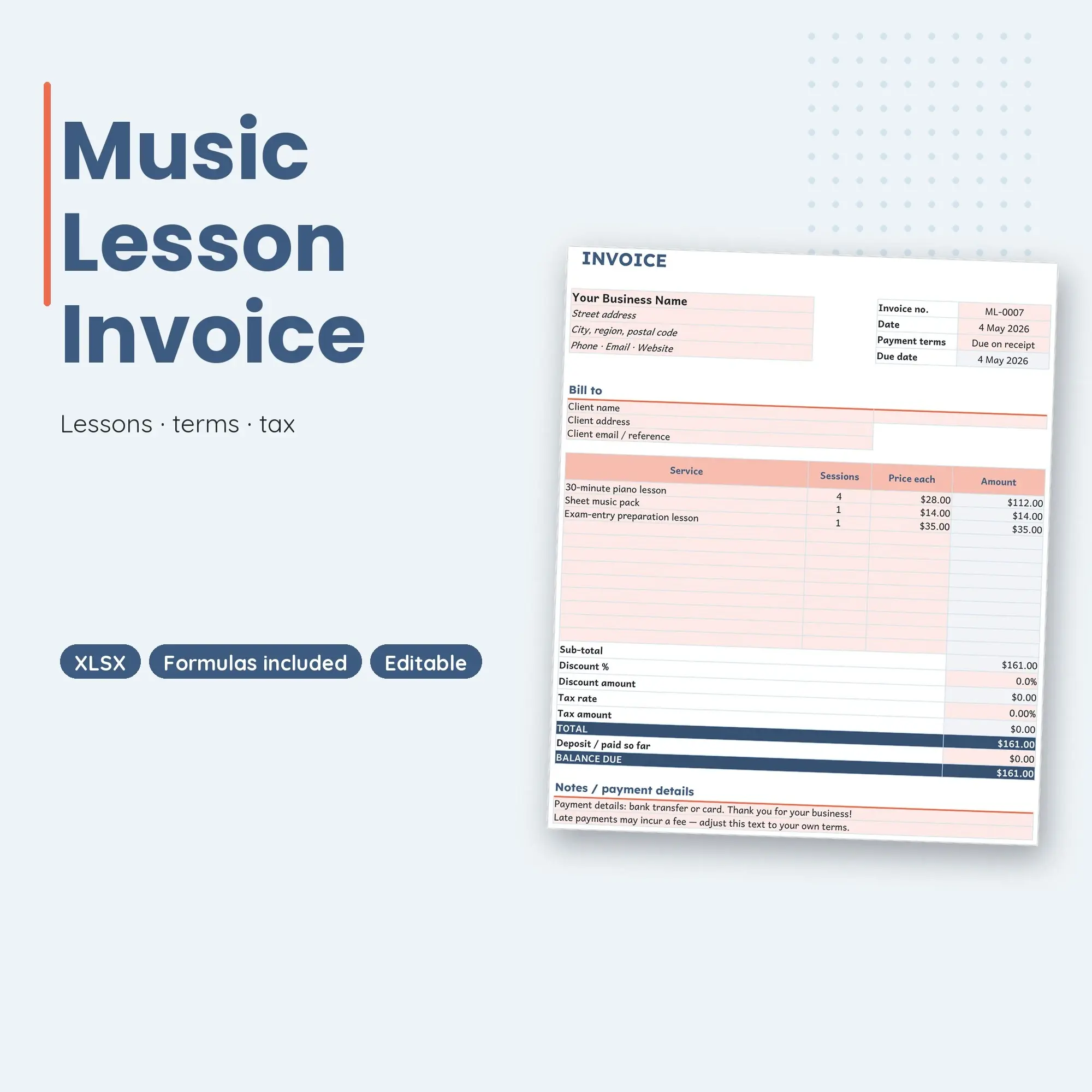 Music Lesson Invoice Template Spreadsheet, Monthly Student Billing (XLSX) preview
