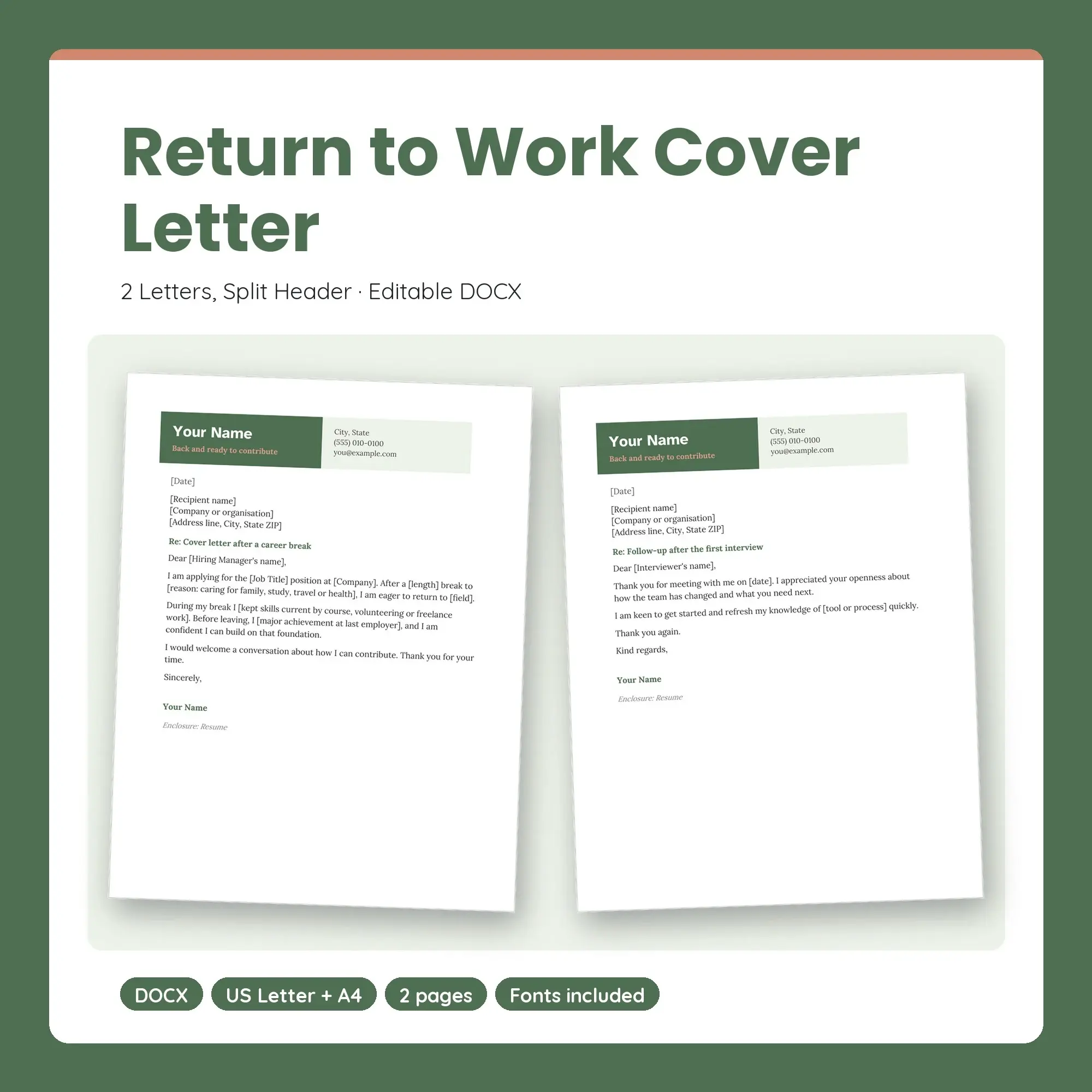 Return to Work Cover Letter Template, 2 Letters, Split Header (DOCX) preview