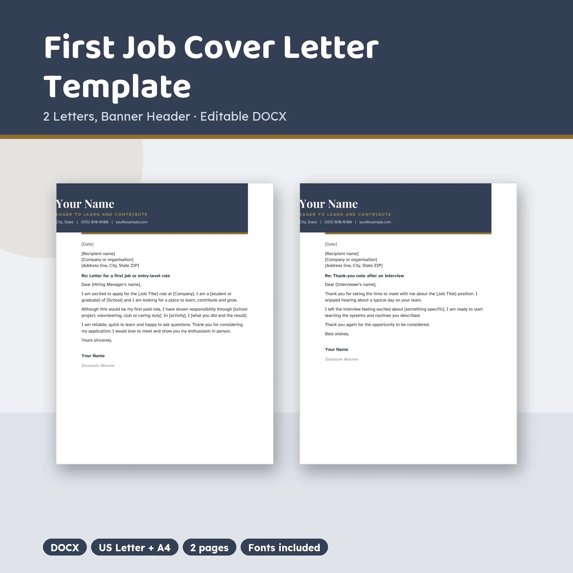 First Job Cover Letter Template, 2 Letters, Banner Header (DOCX) preview