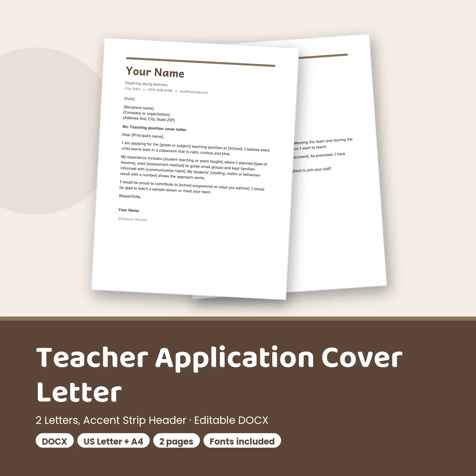 Teacher Application Cover Letter Template, 2 Letters, Accent Strip Header (DOCX) preview