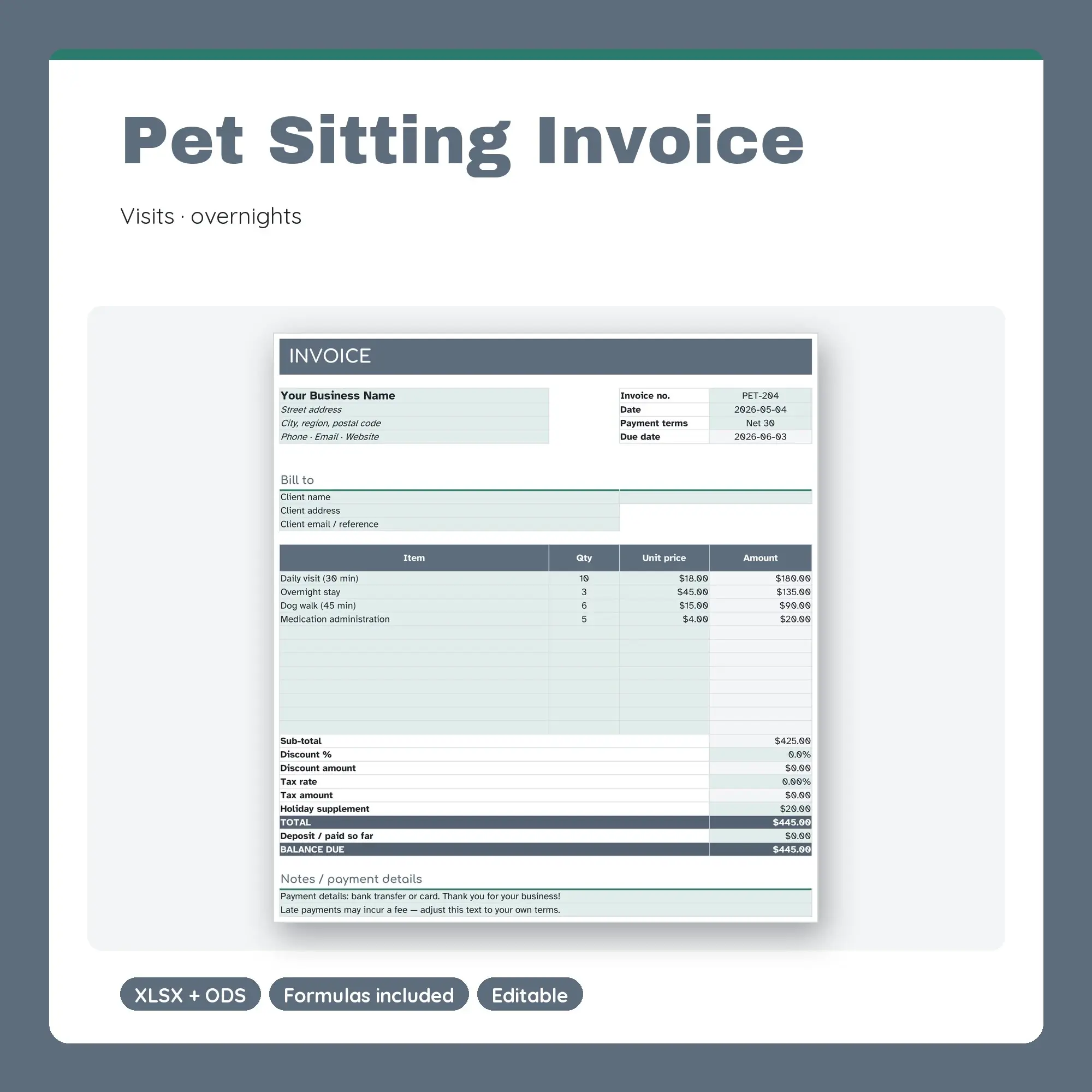 Pet Sitting Invoice Template Spreadsheet, Visits and Overnights (XLSX + ODS) preview