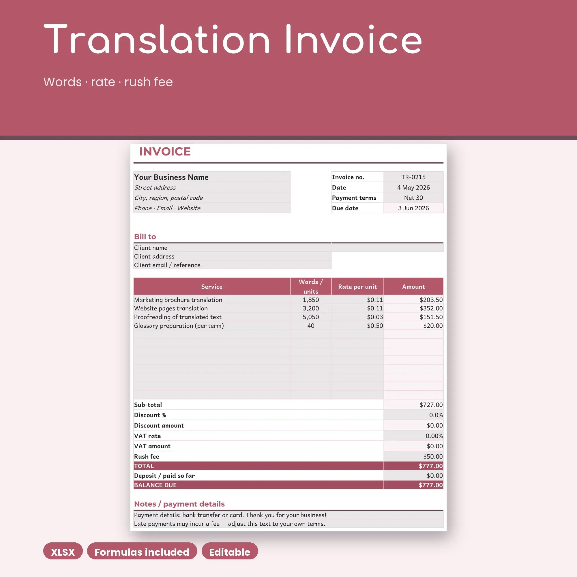 Translation Invoice Template Spreadsheet, Per-Word Rates (XLSX) preview