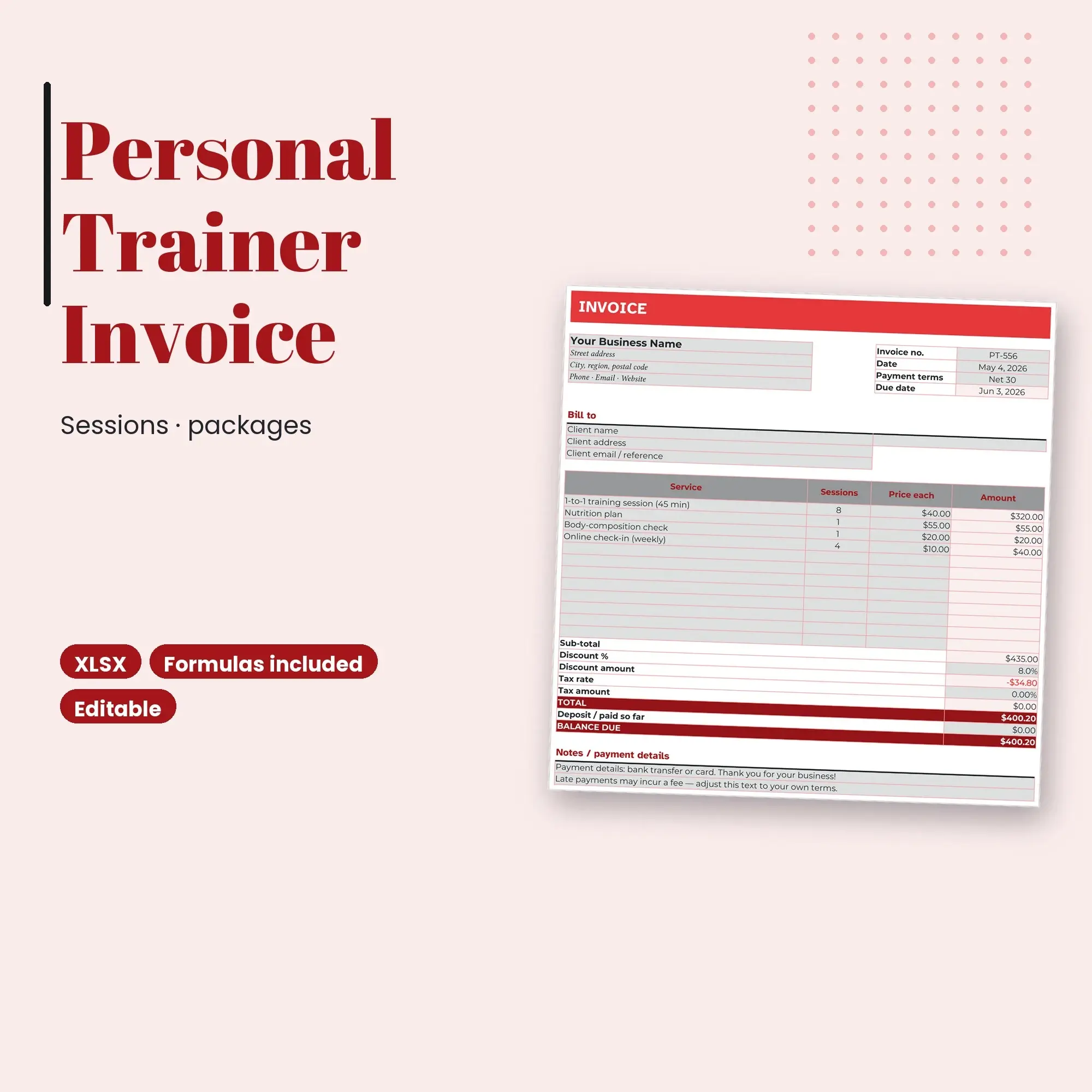 Personal Trainer Invoice Template Spreadsheet, Sessions and Packages (XLSX + ODS + CSV) preview