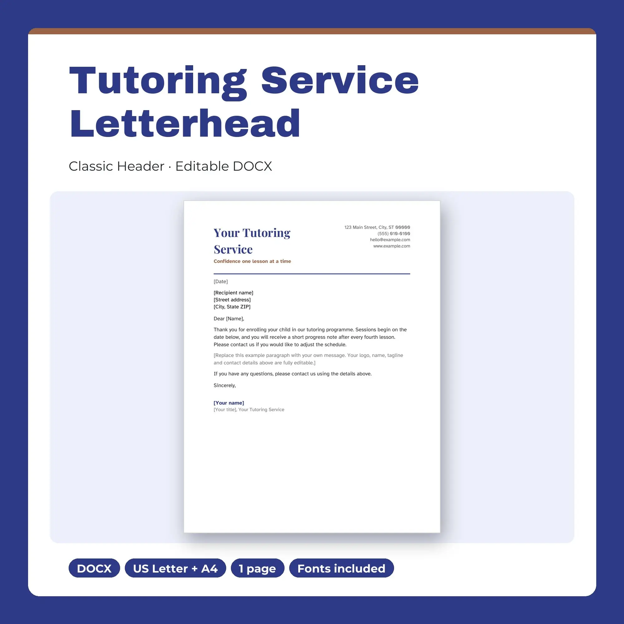 Tutoring Service Letterhead Template, Classic Header (DOCX) preview