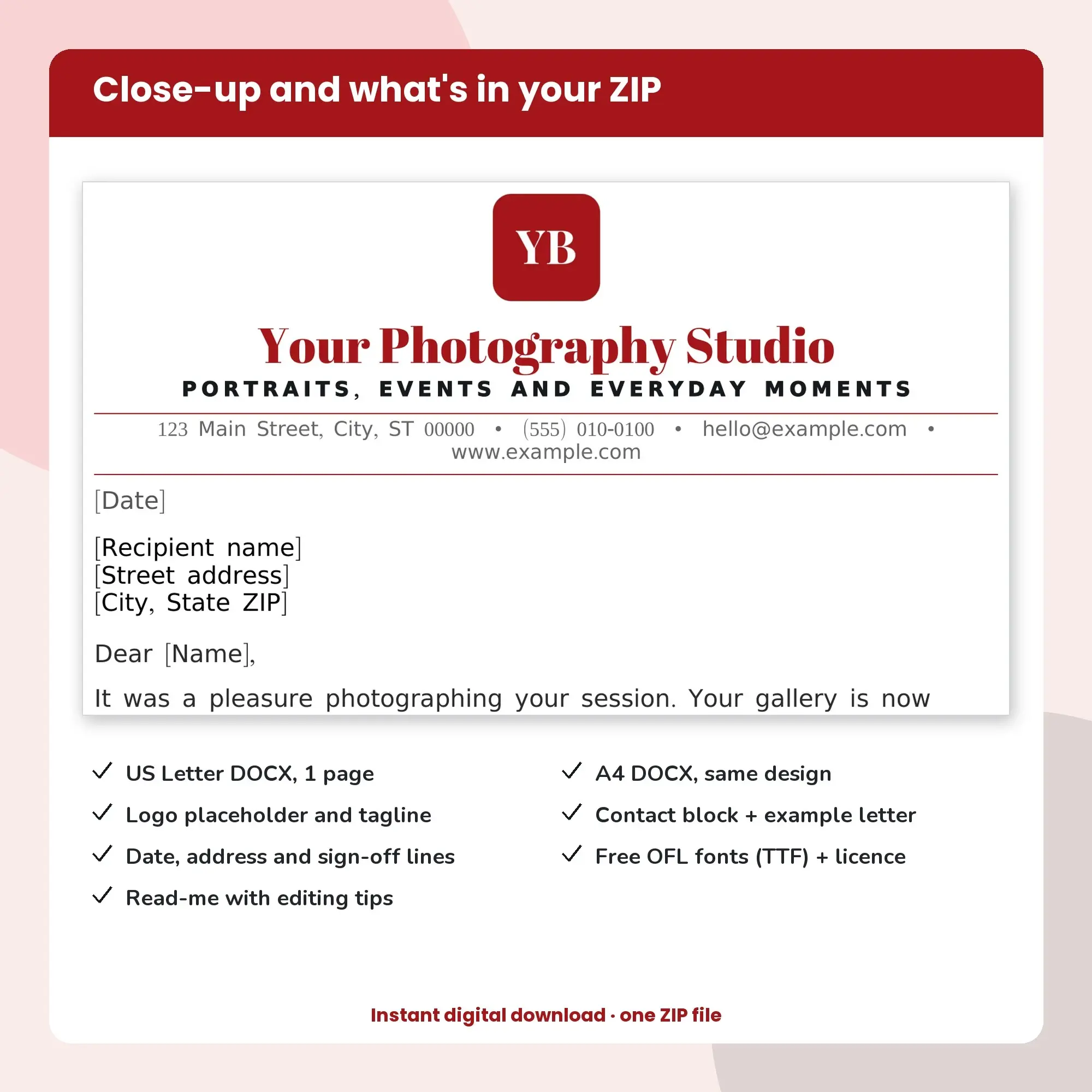 Photography Studio Letterhead Template, Monogram Header (DOCX), preview 2 of 2
