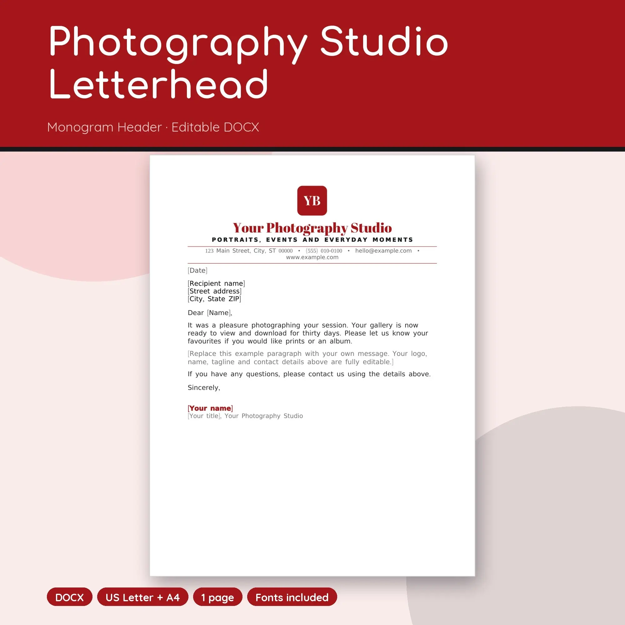 Photography Studio Letterhead Template, Monogram Header (DOCX), preview 1 of 2