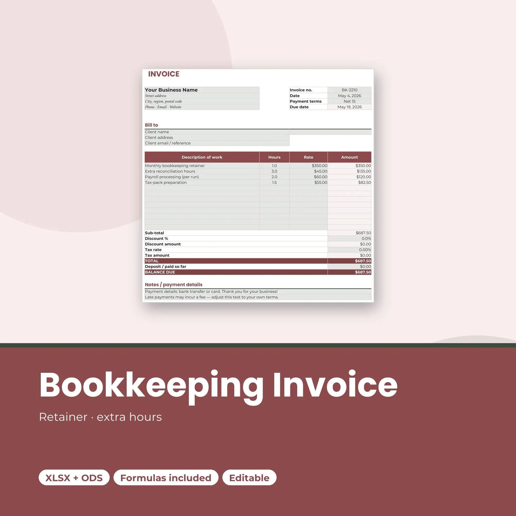 Bookkeeping Invoice Template Spreadsheet, Monthly Retainer and Hours (XLSX + ODS) preview
