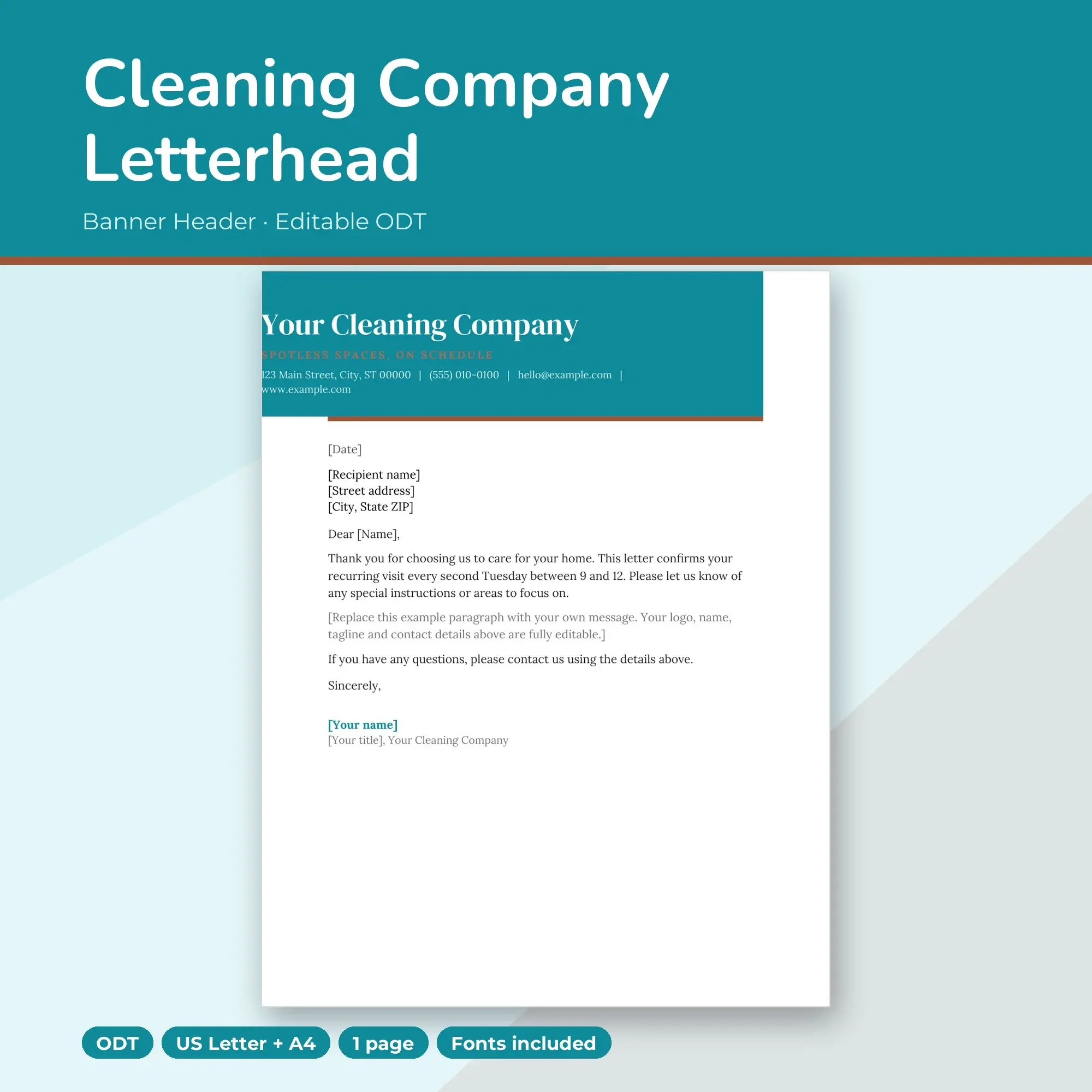 Cleaning Company Letterhead Template, Banner Header (ODT) preview