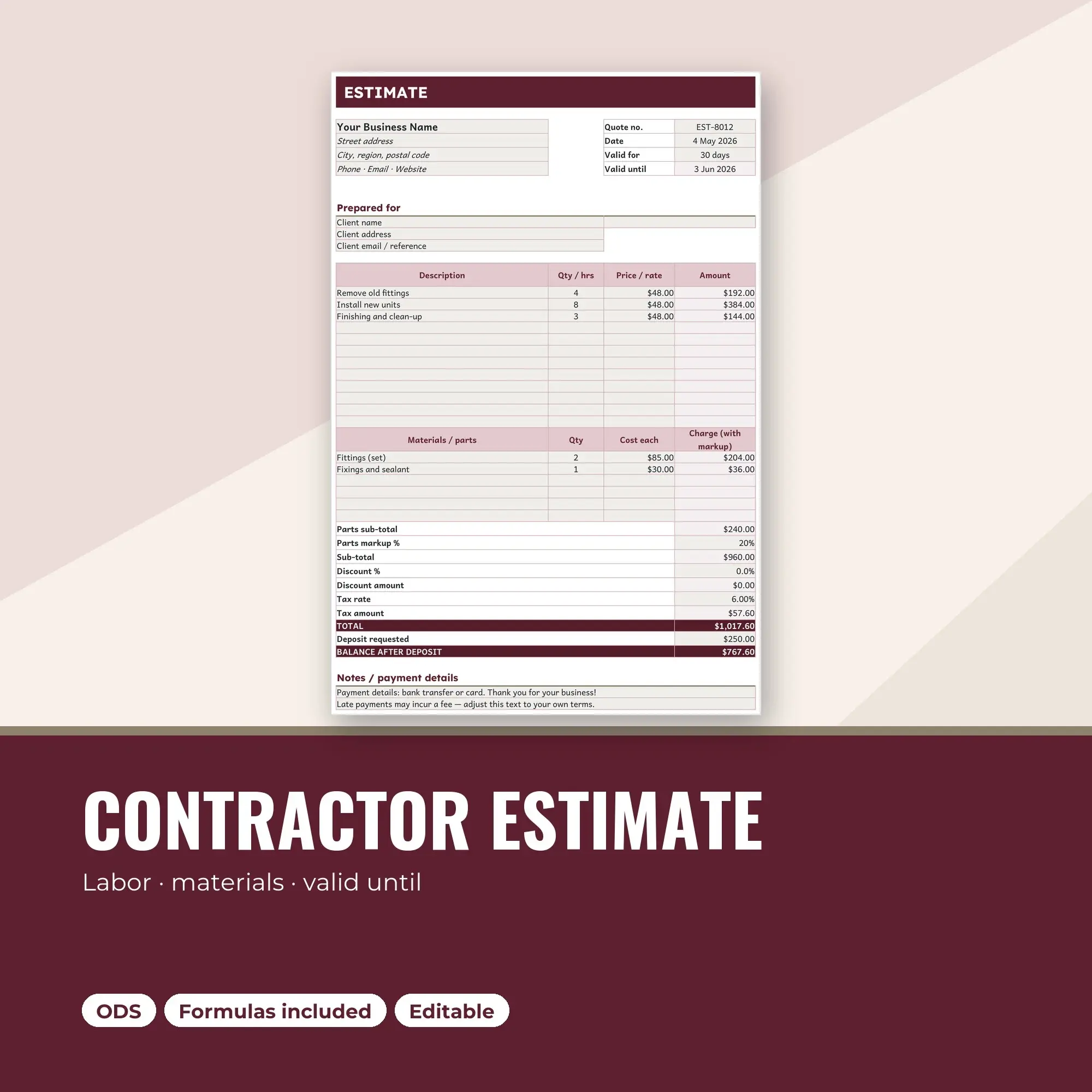 Estimate Template Spreadsheet for Contractors, Labor and Materials (ODS) preview