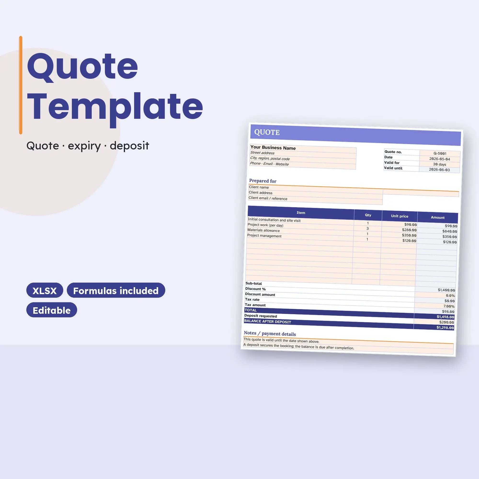 Service Quote Template Spreadsheet, Estimate with Valid-Until Date (XLSX) preview
