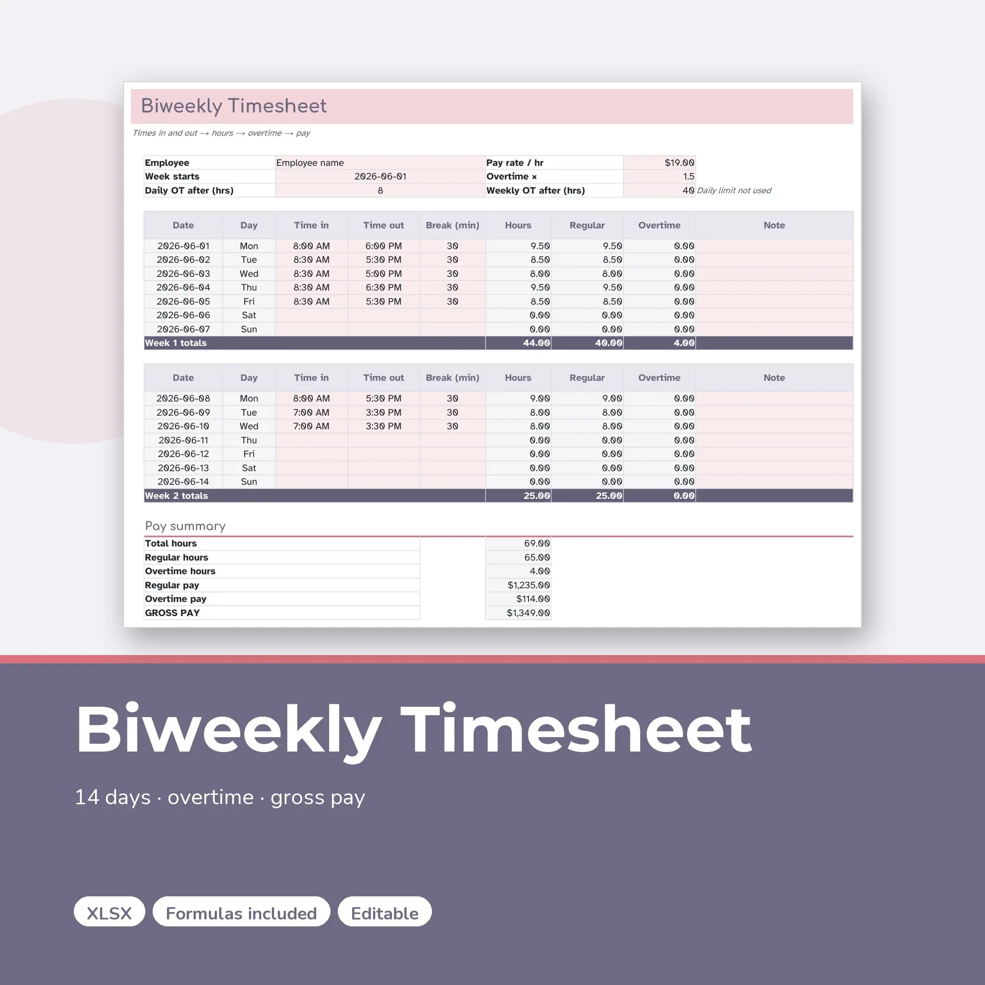 Biweekly Timesheet Template Spreadsheet, Two-Week Pay Period (XLSX) preview