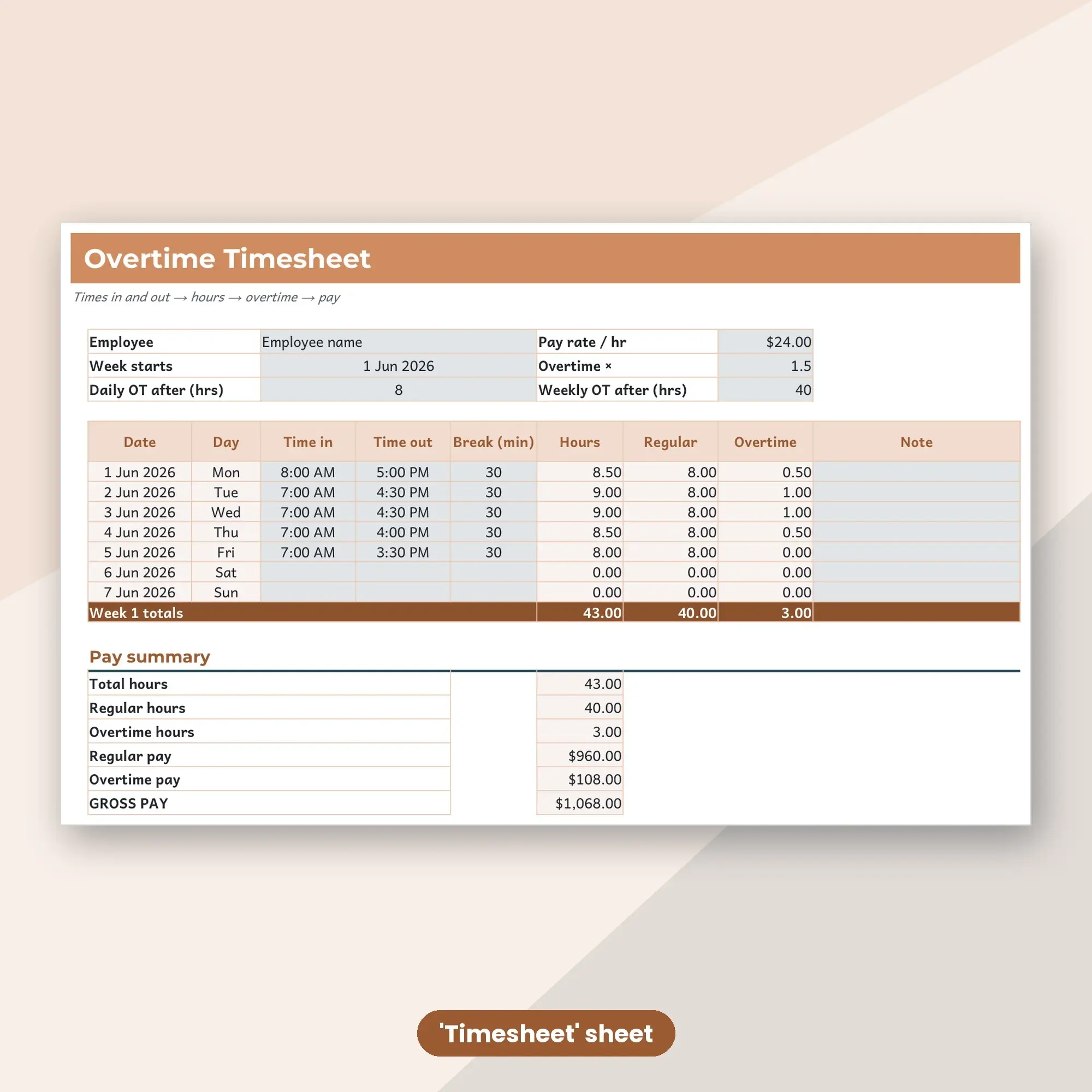 Timesheet Template with Daily and Weekly Overtime Rules Spreadsheet (XLSX + ODS), preview 2 of 2