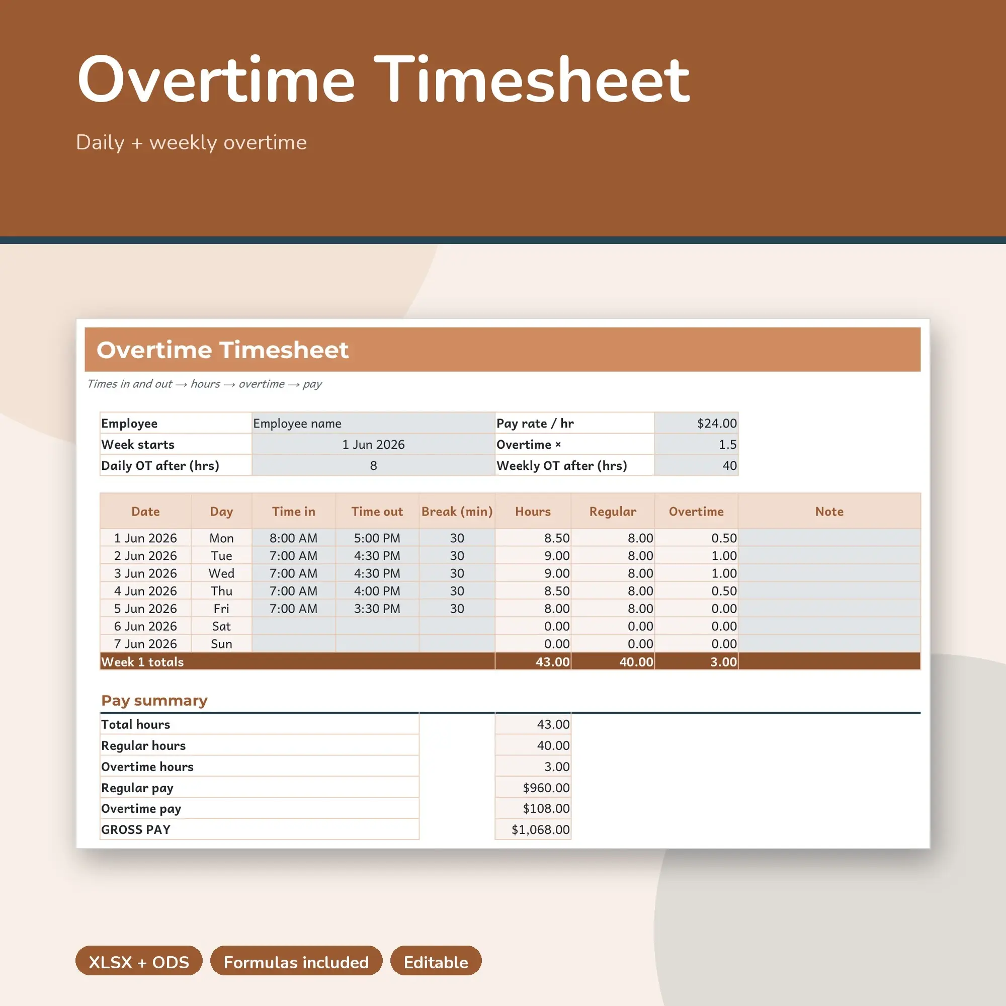 Timesheet Template with Daily and Weekly Overtime Rules Spreadsheet (XLSX + ODS) preview