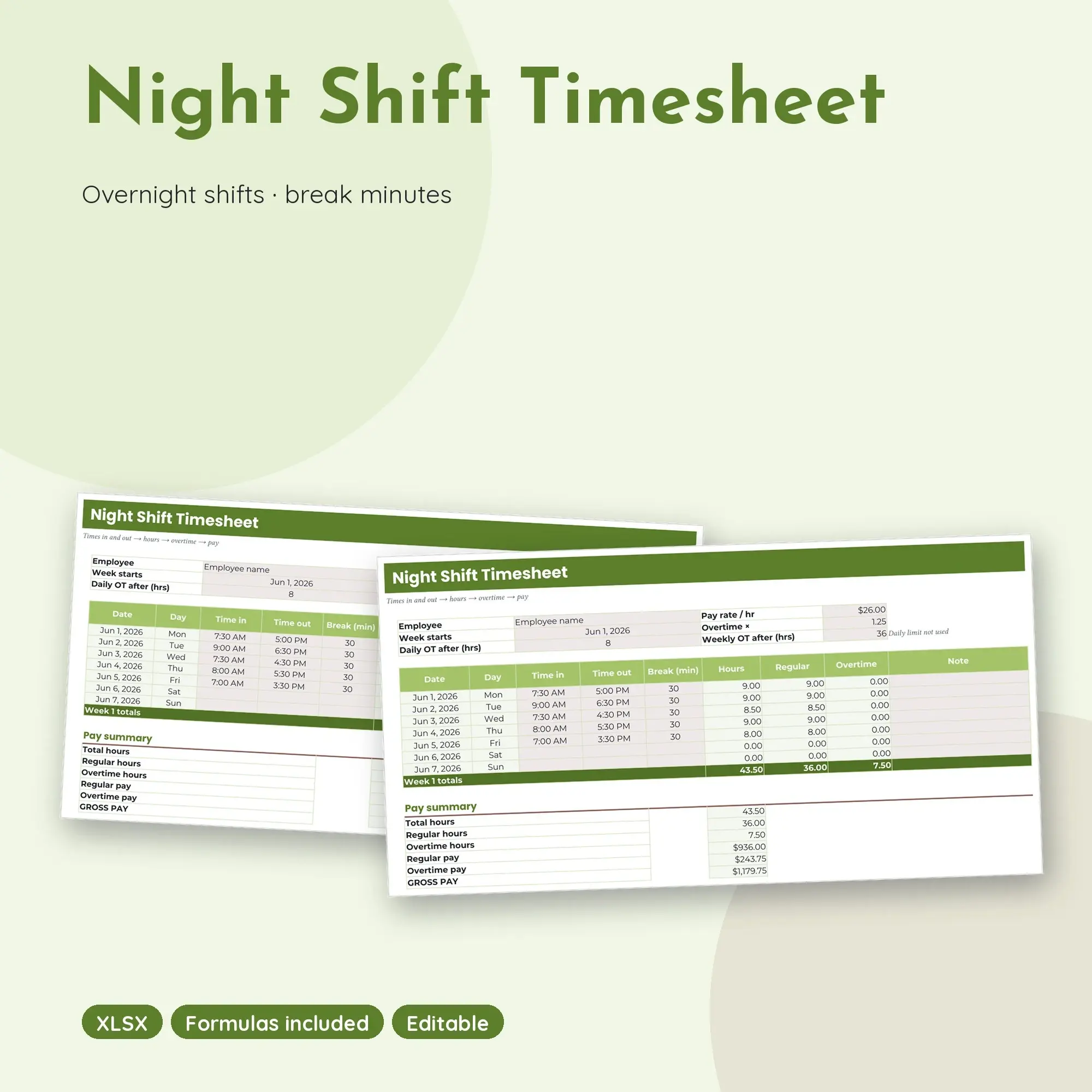 Night Shift Timesheet Spreadsheet, Hours Across Midnight with Pay (XLSX + ODS + CSV) preview