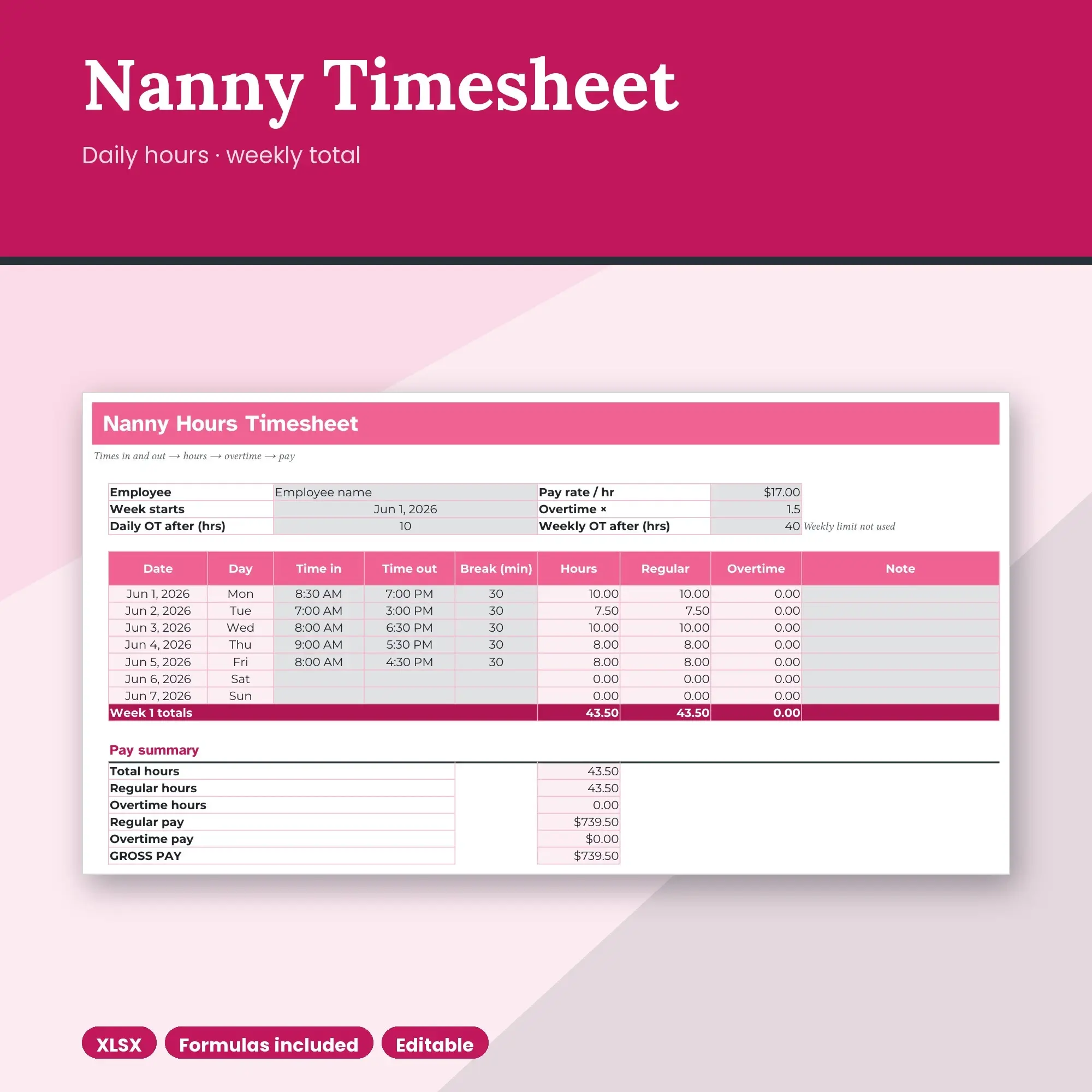 Nanny and Babysitter Timesheet Spreadsheet, Hours and Pay by Week (XLSX) preview