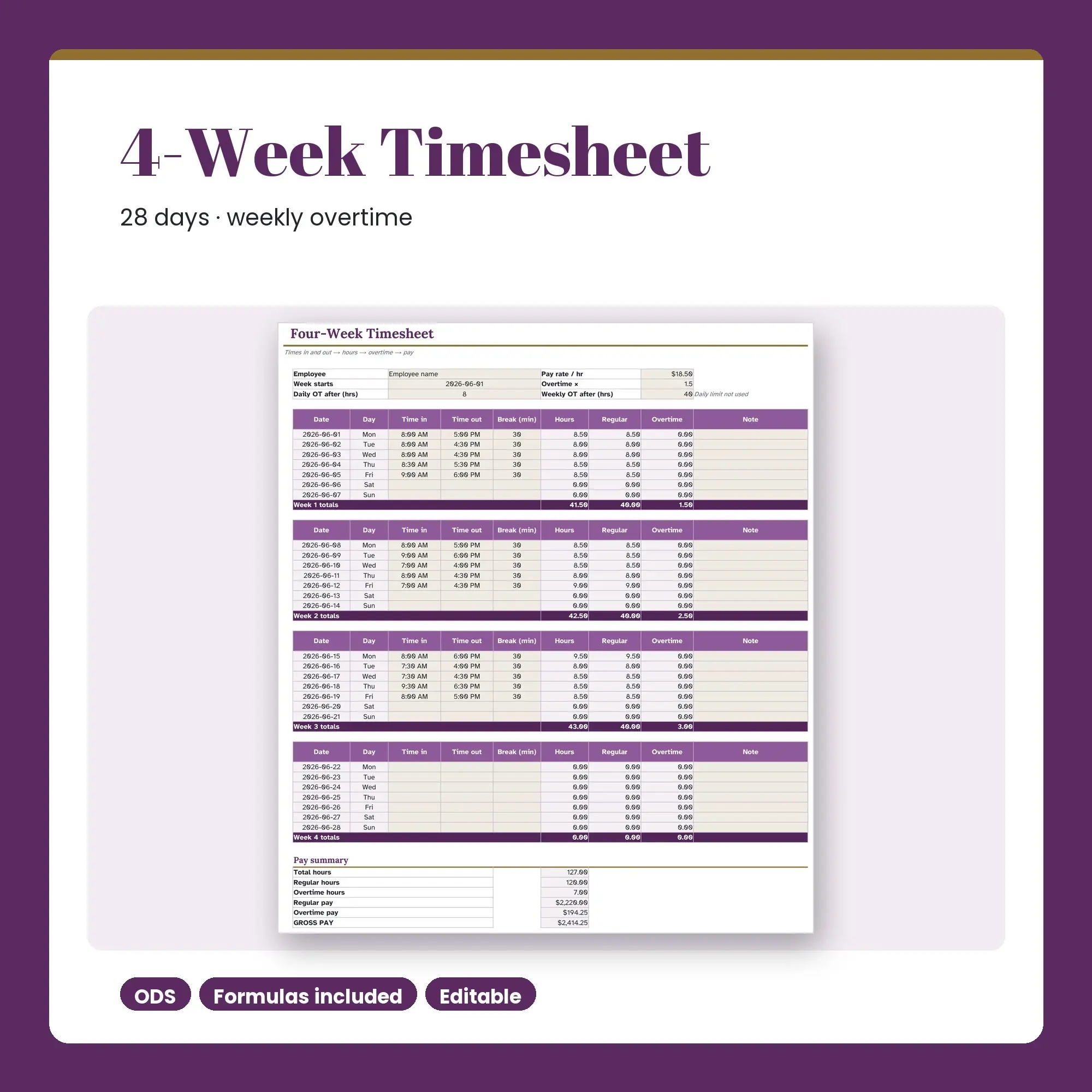 Monthly Timesheet Template Spreadsheet, 4-Week Hours and Overtime (ODS) preview