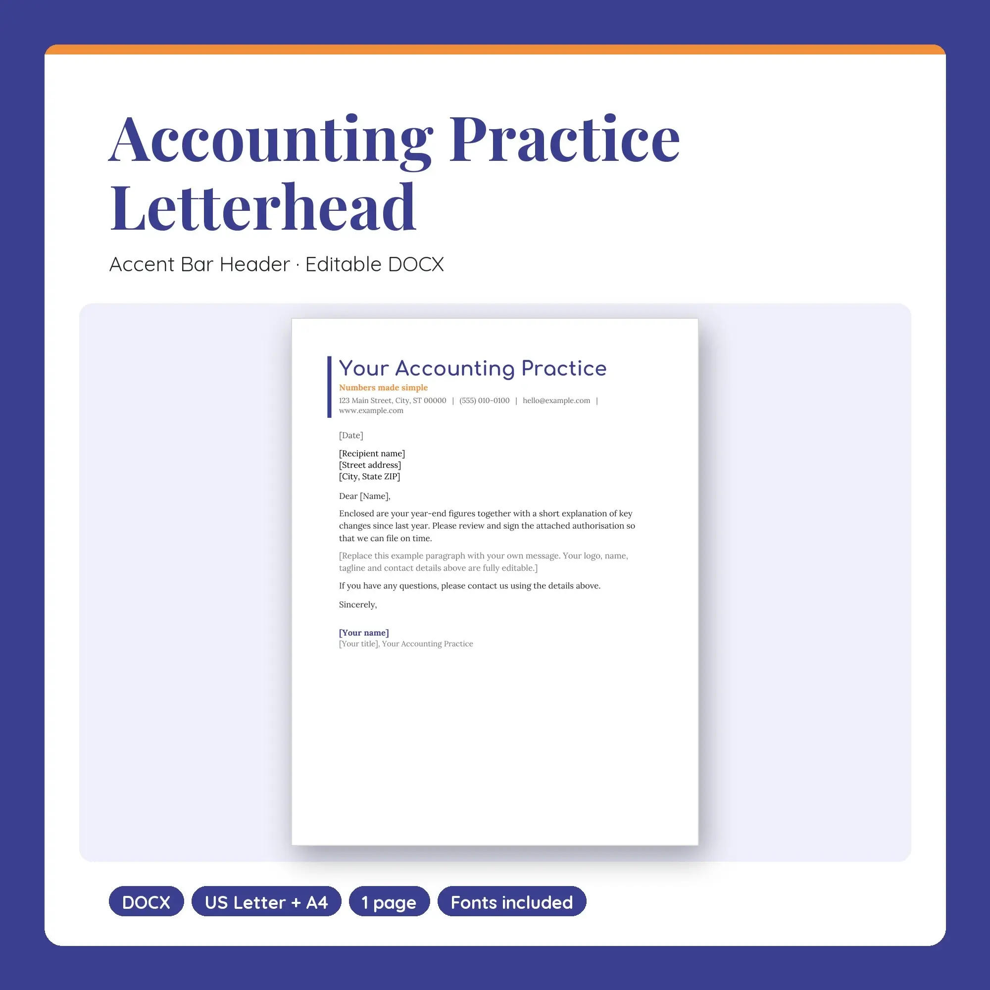 Accounting Practice Letterhead Template, Accent Bar Header (DOCX), preview 1 of 2