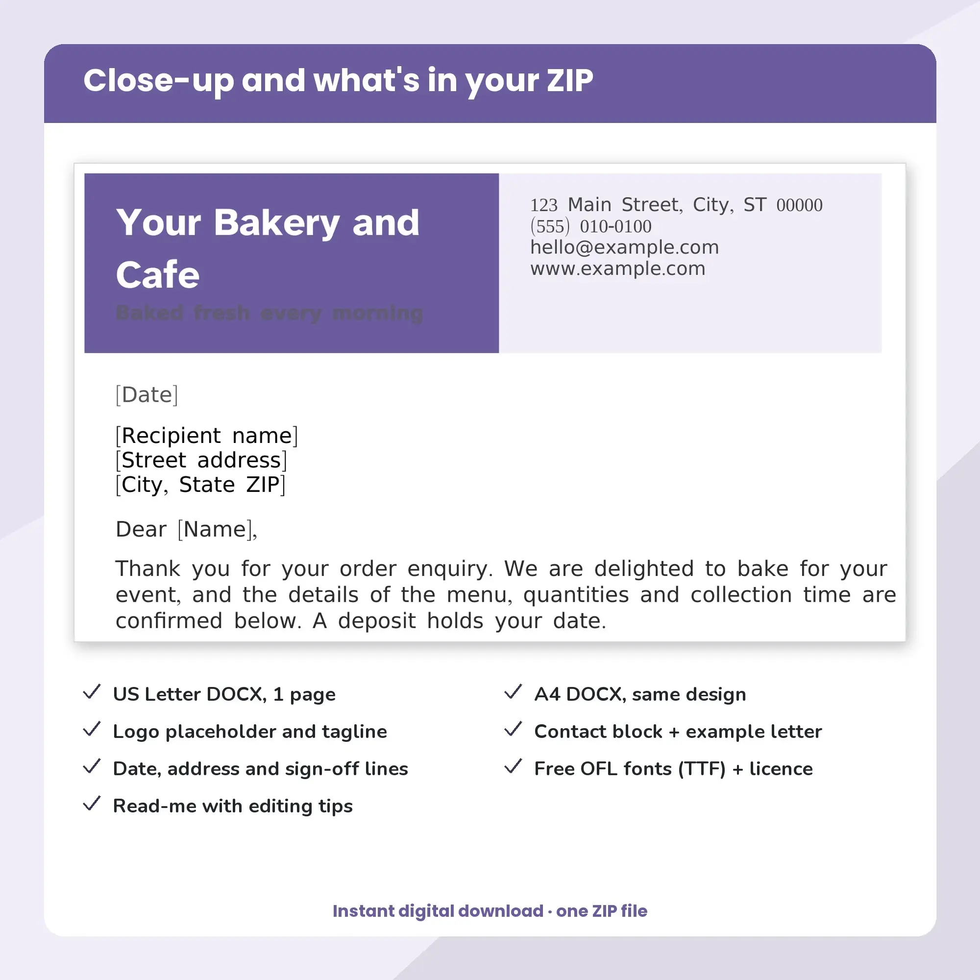 Bakery and Cafe Letterhead Template, Split Header (DOCX), preview 2 of 2