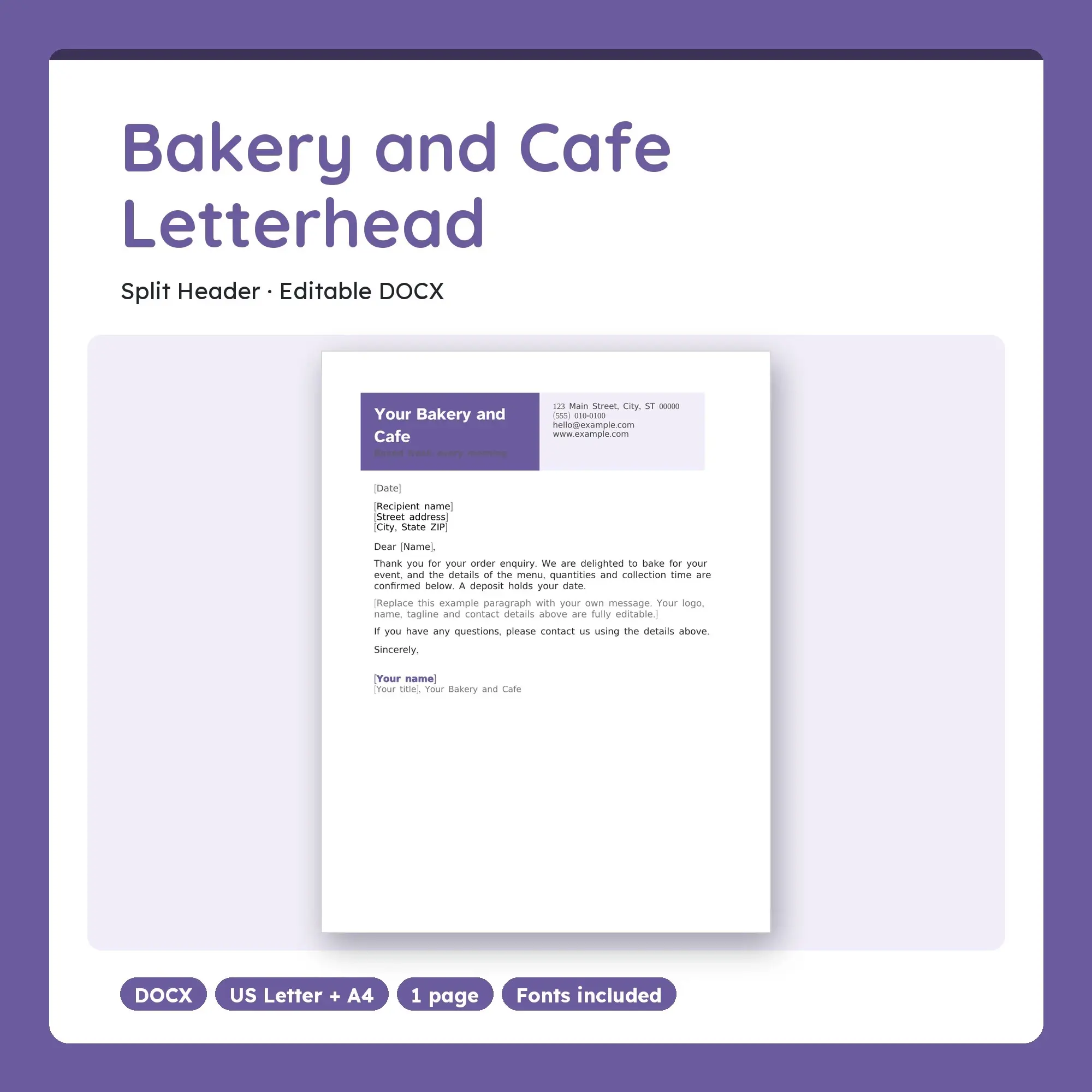 Bakery and Cafe Letterhead Template, Split Header (DOCX) preview