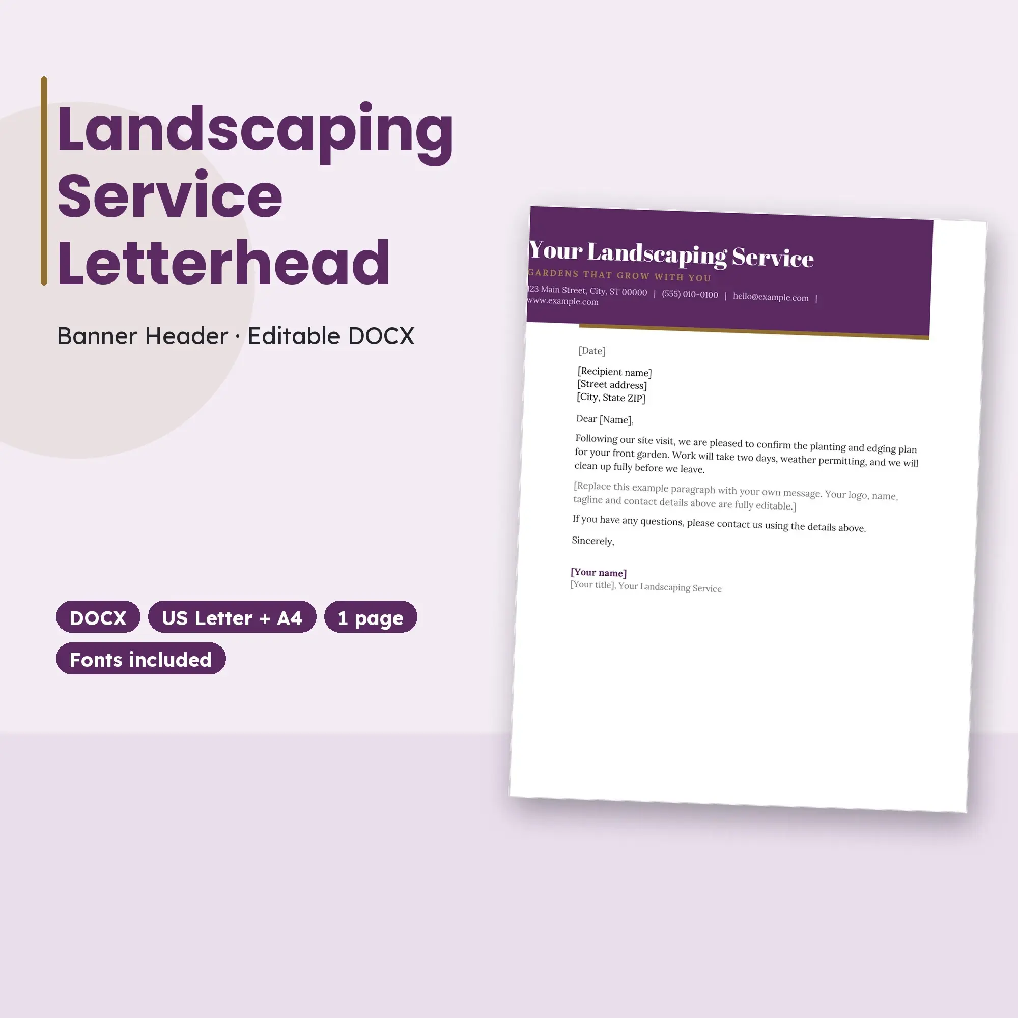 Landscaping Service Letterhead Template, Banner Header (DOCX) preview