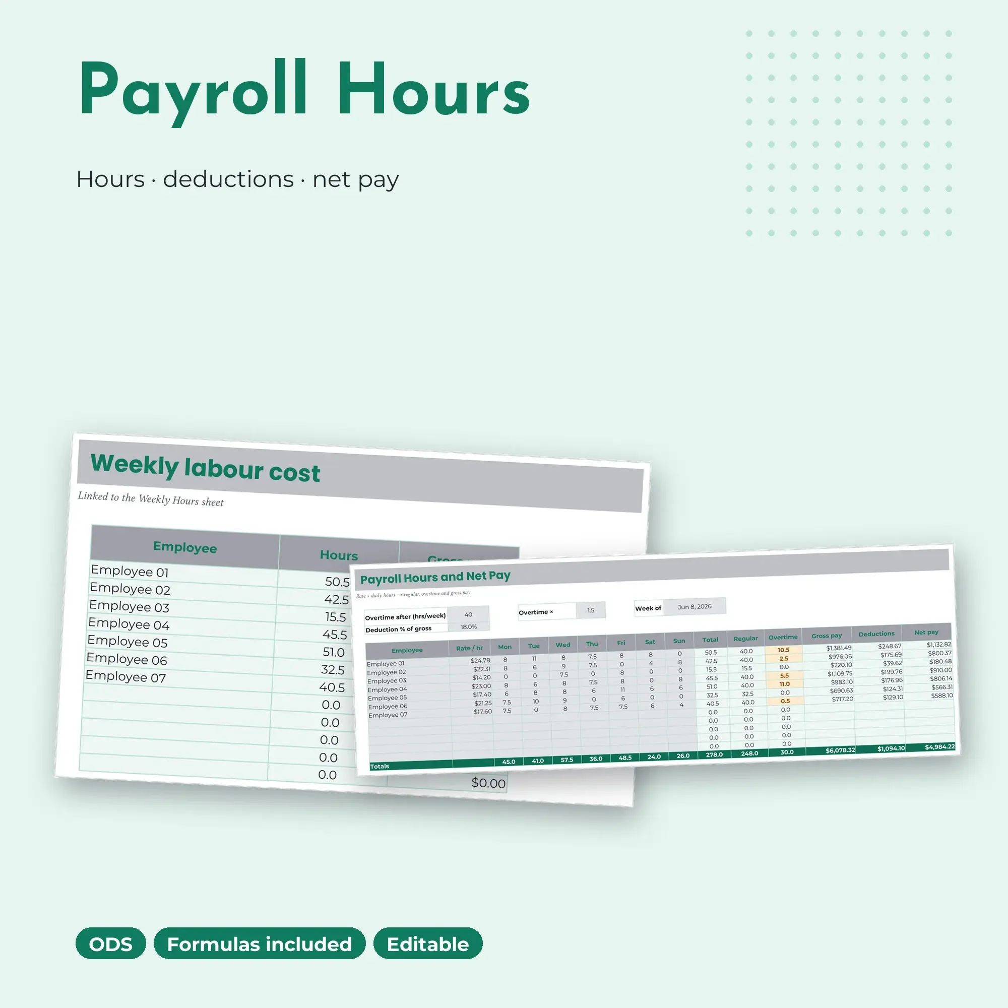 Payroll Hours Calculator Spreadsheet with Deductions and Net Pay (ODS) preview
