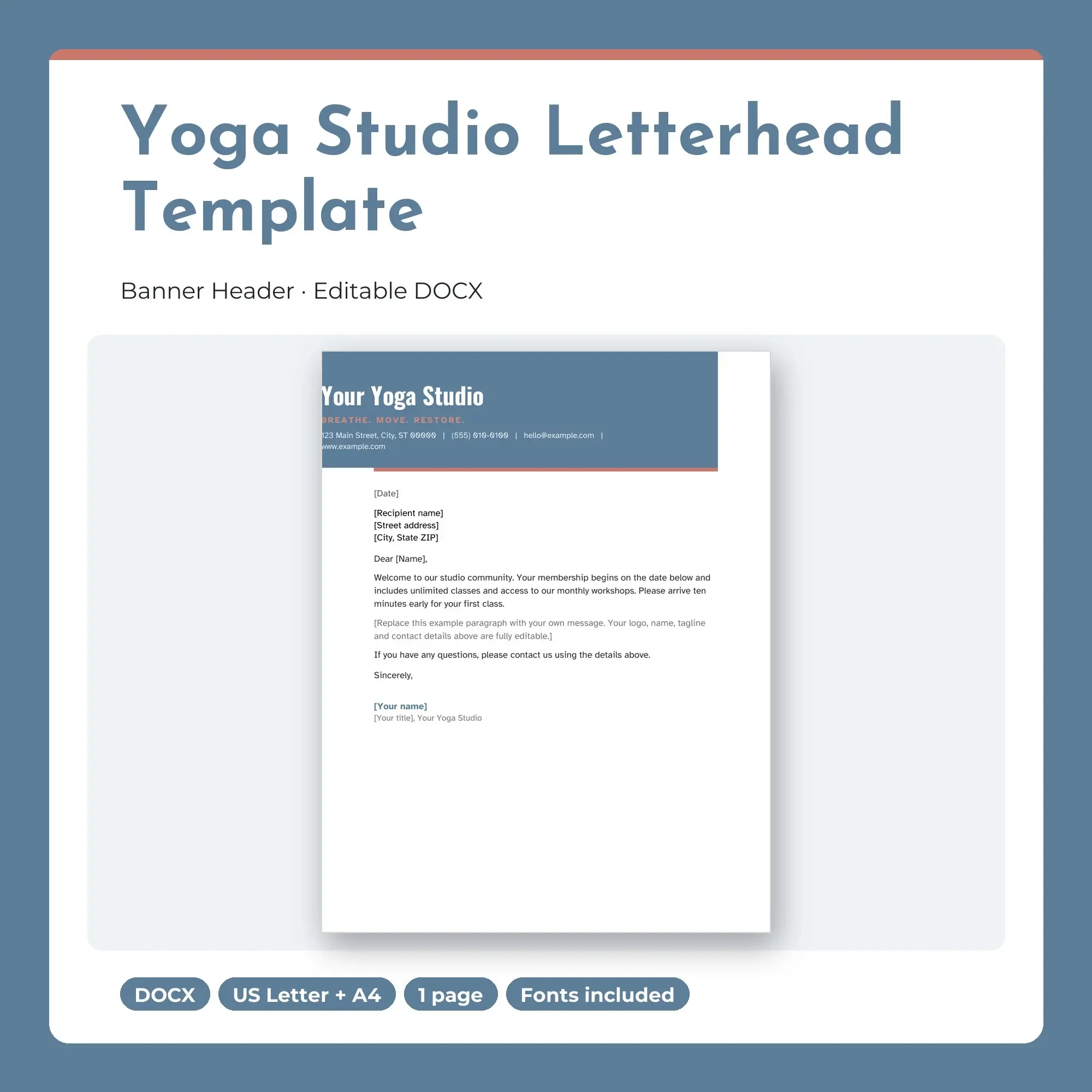 Yoga Studio Letterhead Template, Banner Header (DOCX) preview