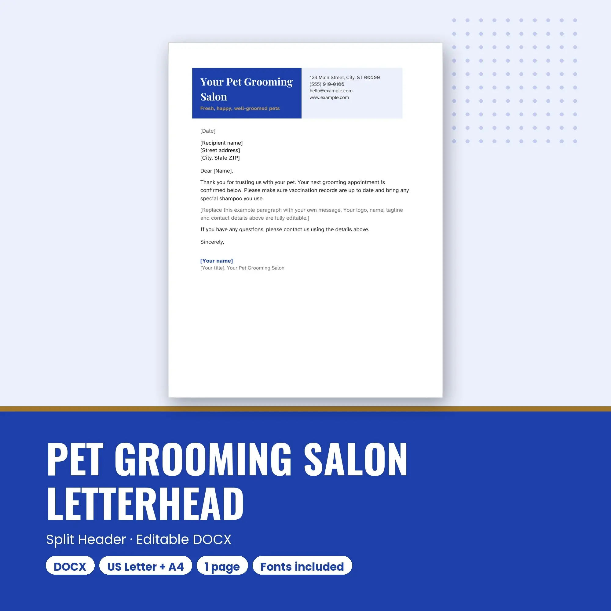 Pet Grooming Salon Letterhead Template, Split Header (DOCX) preview