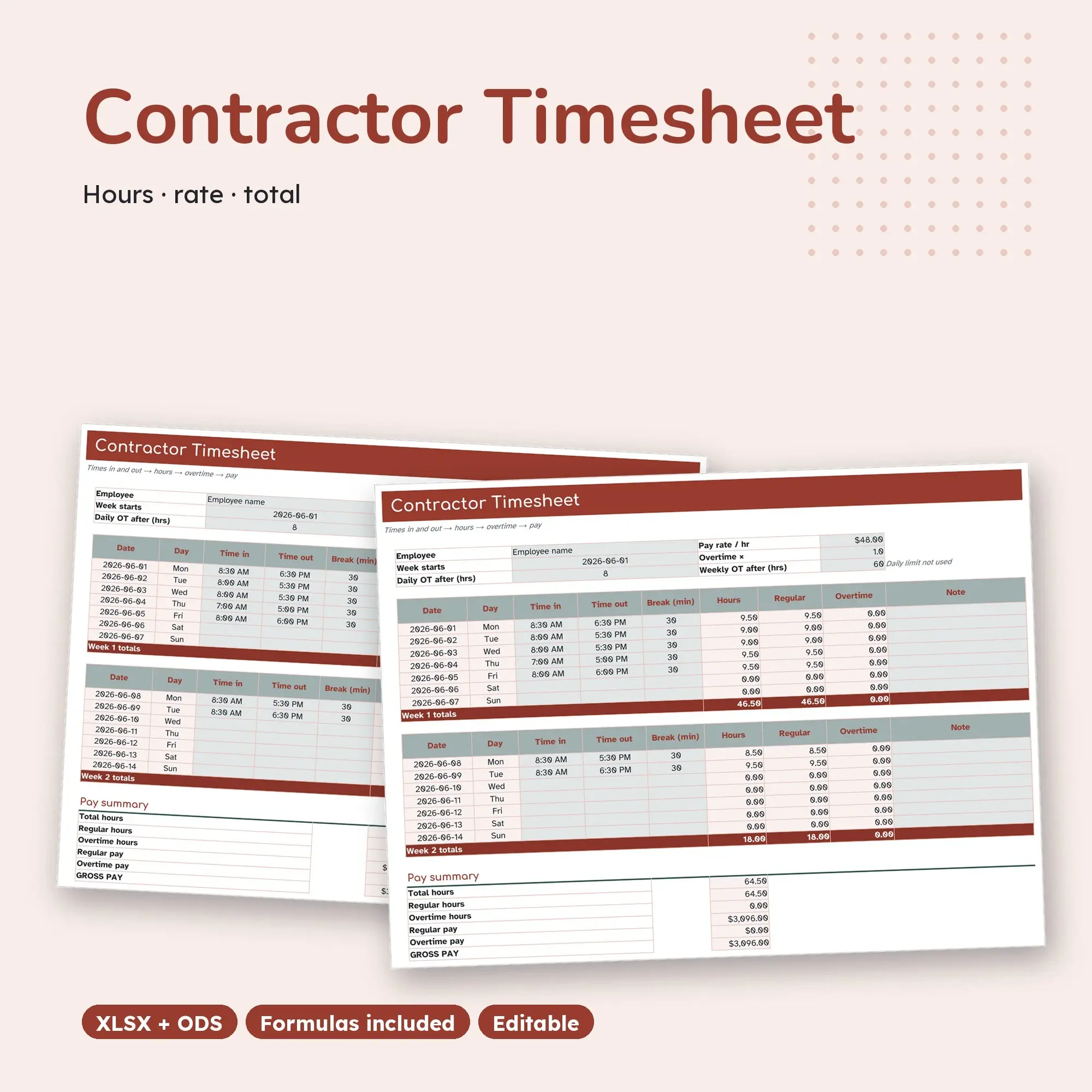 Contractor Timesheet Template Spreadsheet, Hours for Client Billing (XLSX + ODS) preview