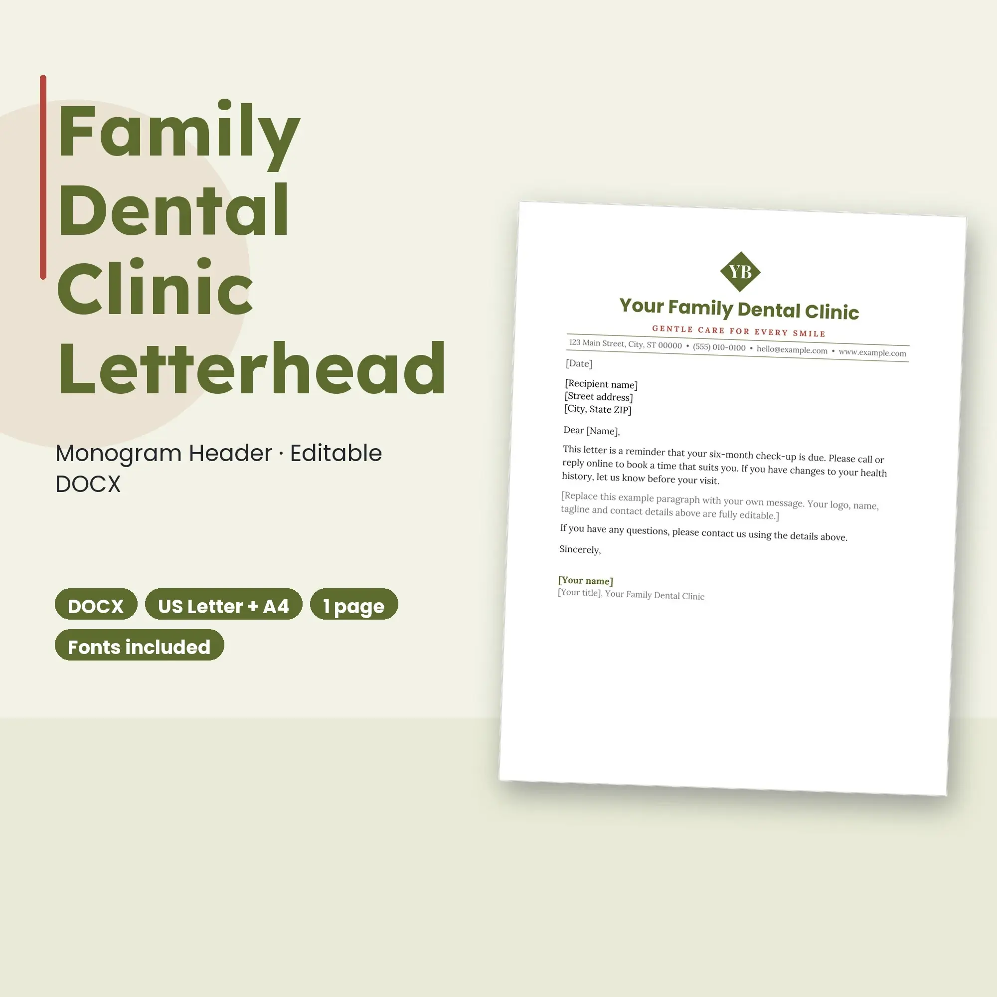 Family Dental Clinic Letterhead Template, Monogram Header (DOCX) preview