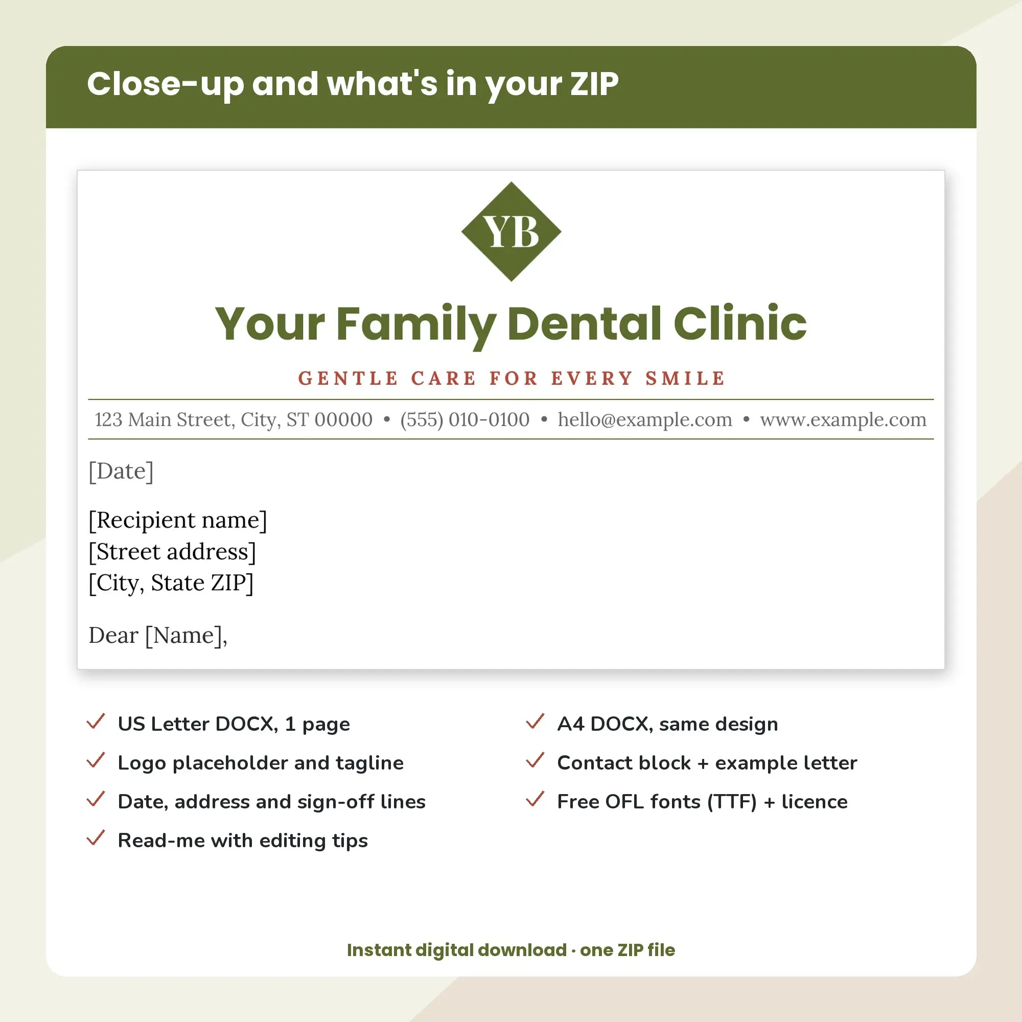 Family Dental Clinic Letterhead Template, Monogram Header (DOCX), preview 2 of 2