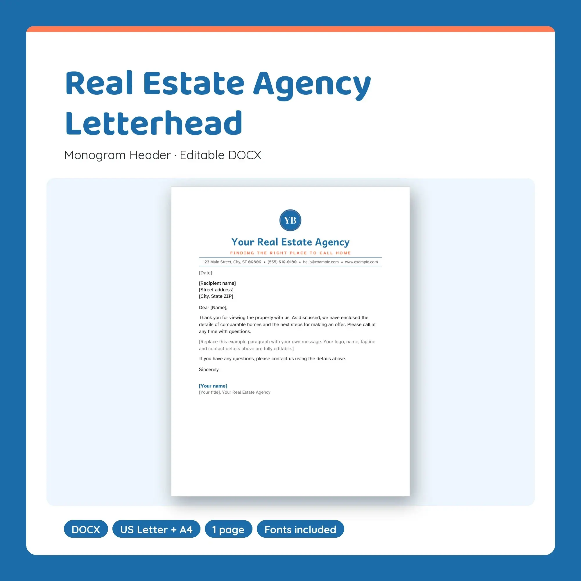 Real Estate Agency Letterhead Template, Monogram Header (DOCX) preview