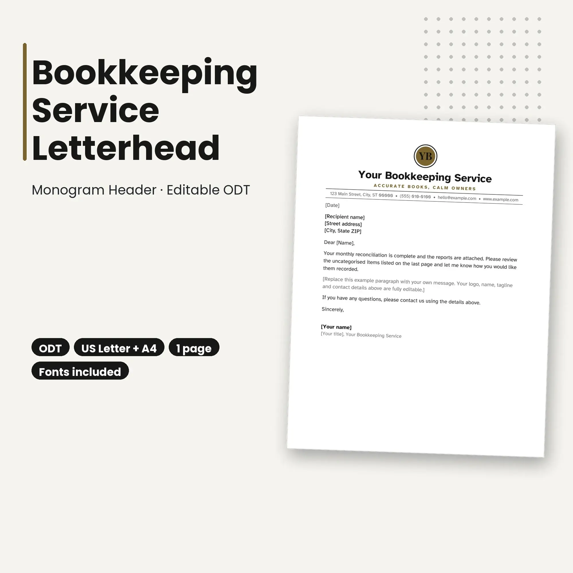Bookkeeping Service Letterhead Template, Monogram Header (ODT) preview