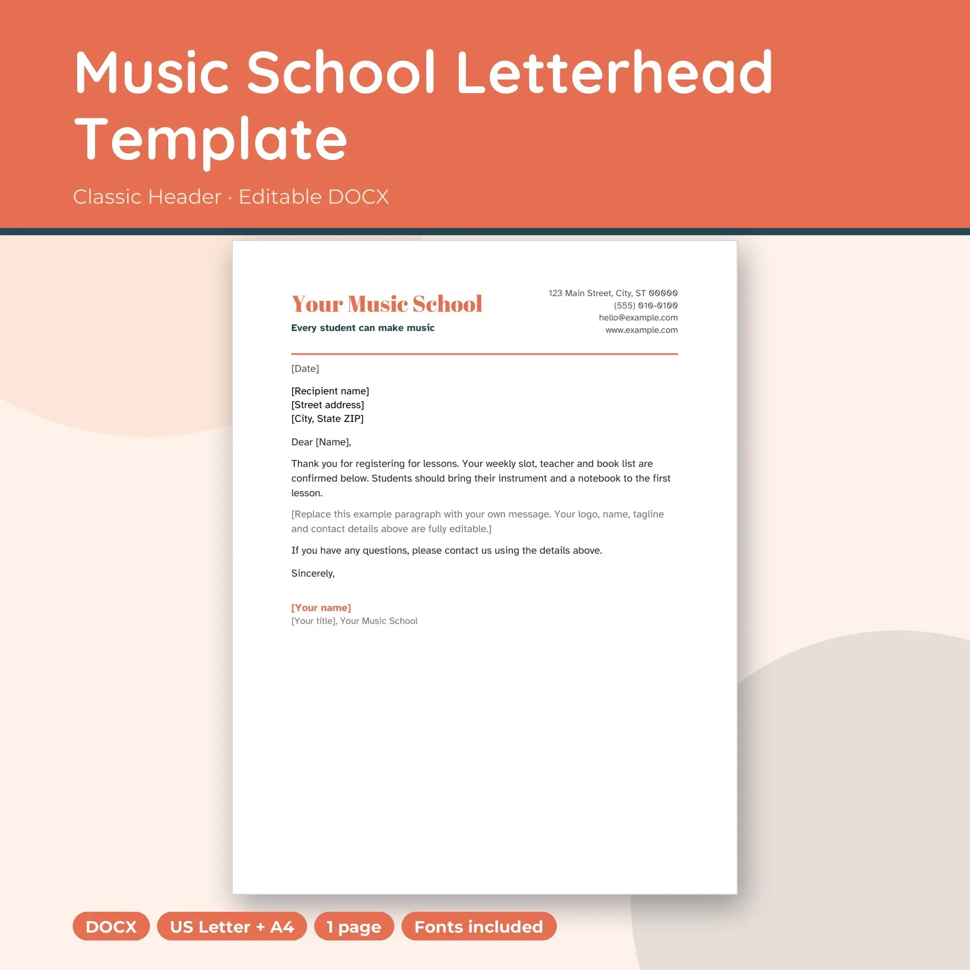 Music School Letterhead Template, Classic Header (DOCX) preview