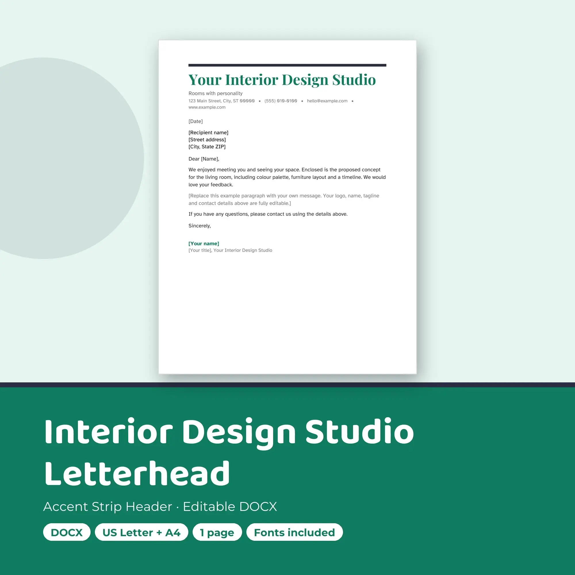 Interior Design Studio Letterhead Template, Accent Strip Header (DOCX) preview