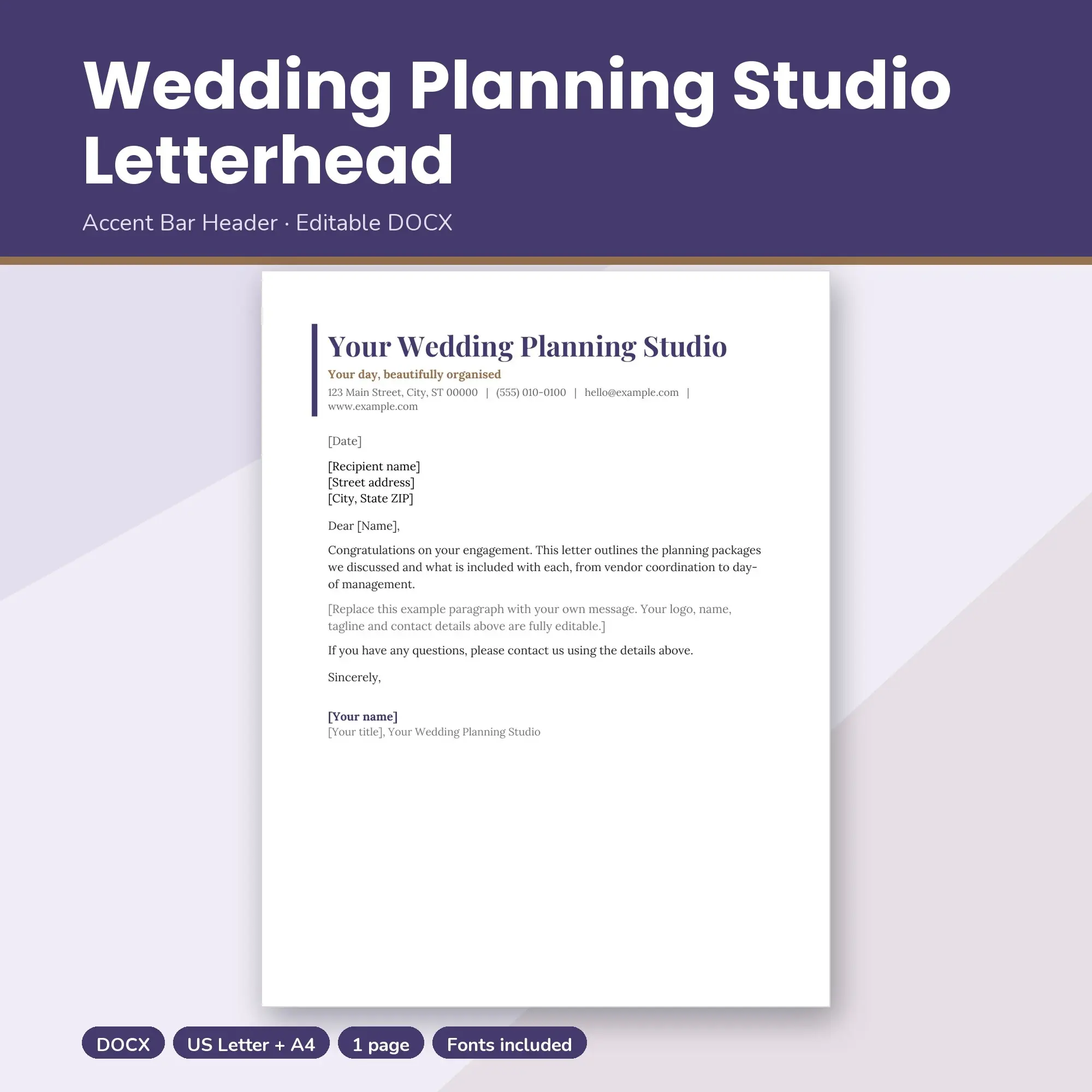 Wedding Planning Studio Letterhead Template, Accent Bar Header (DOCX) preview