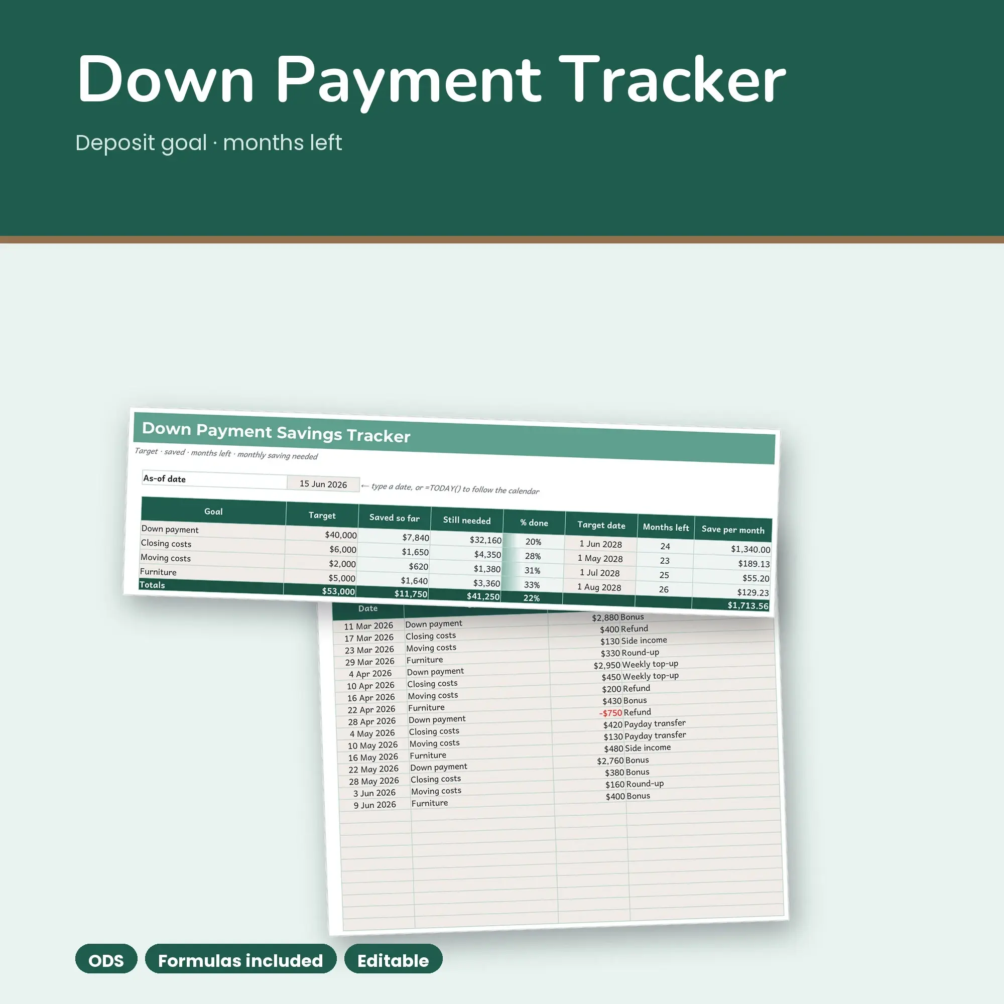 House Deposit Savings Tracker Spreadsheet, Down Payment Planner (ODS), preview 1 of 2