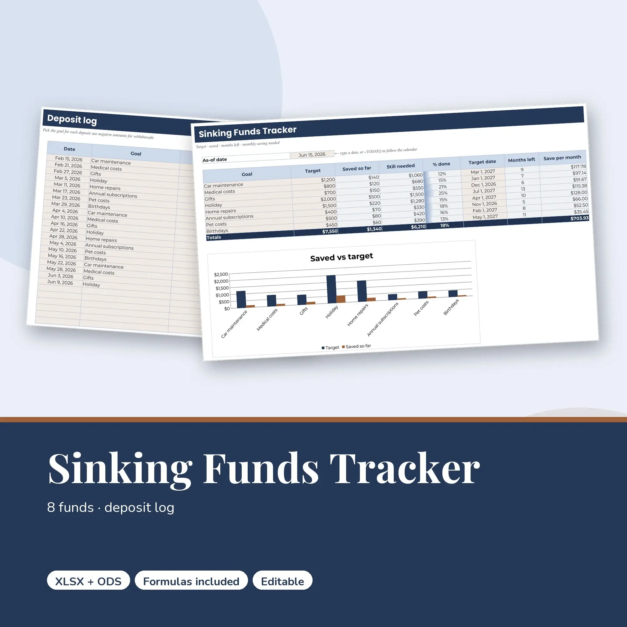 Sinking Funds Tracker Spreadsheet, 8 Savings Categories and Deposit Log (XLSX + ODS) preview