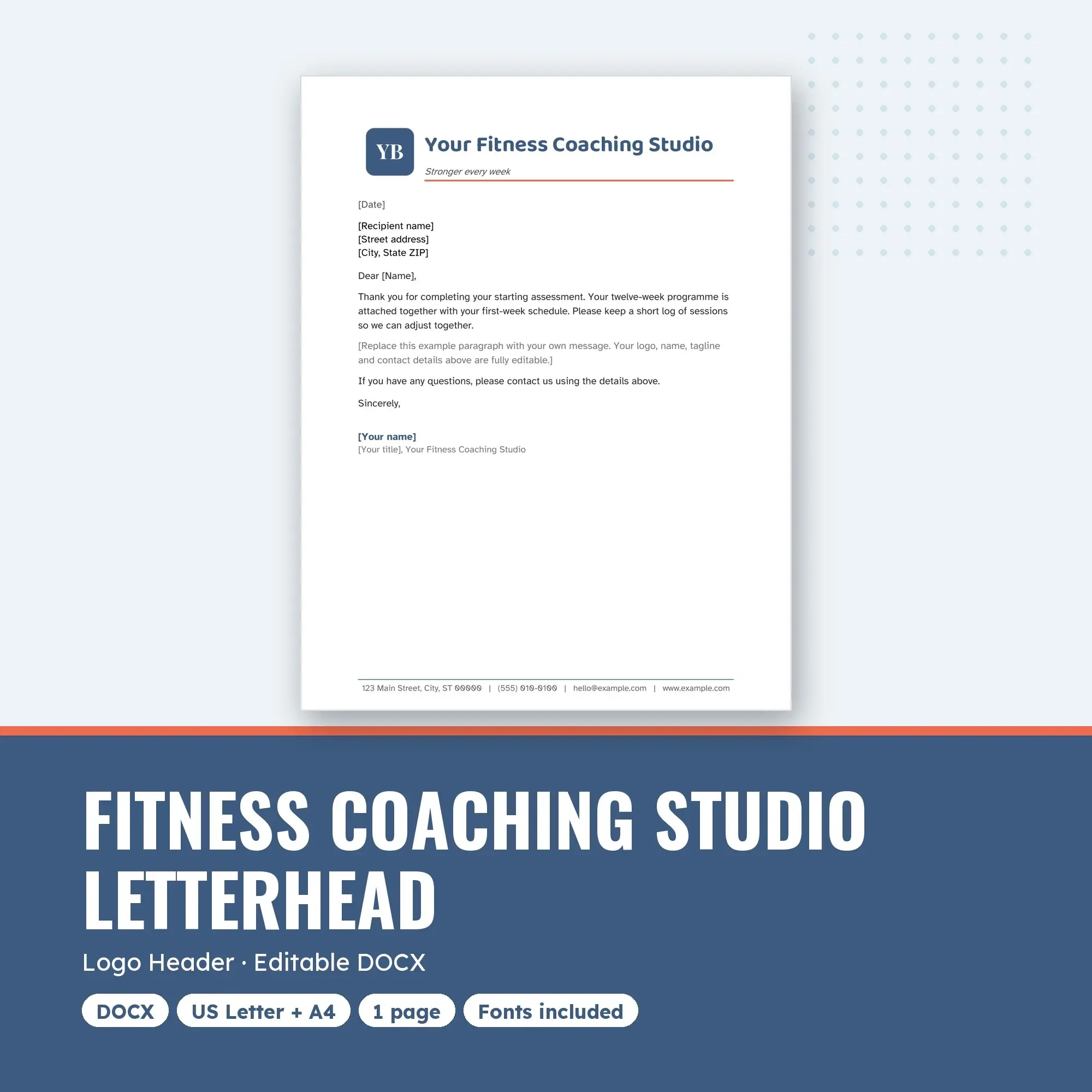 Fitness Coaching Studio Letterhead Template, Logo Header (DOCX) preview